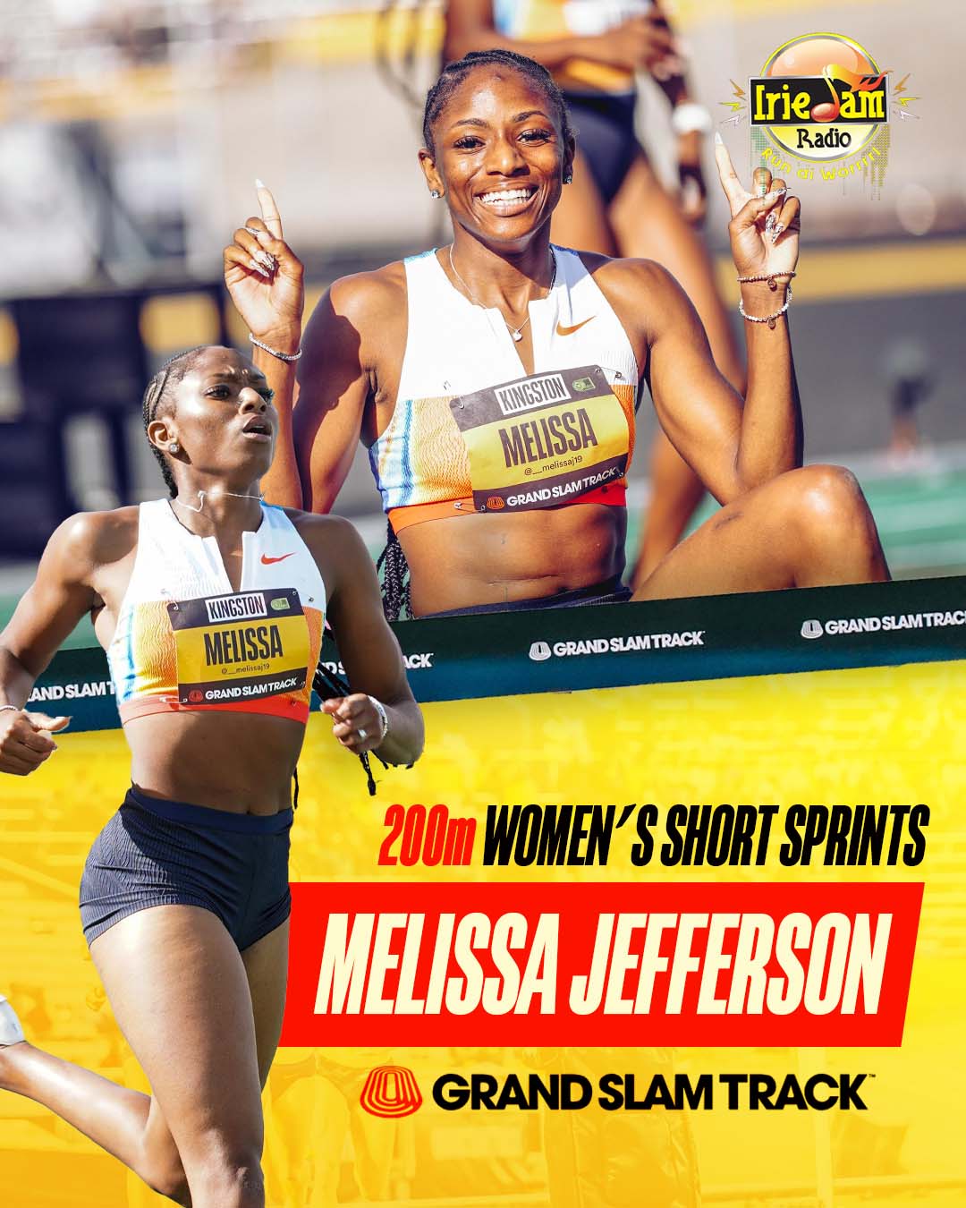 Grand Slam Track athlete graphic — Melissa Jefferson, 200m women's short sprints