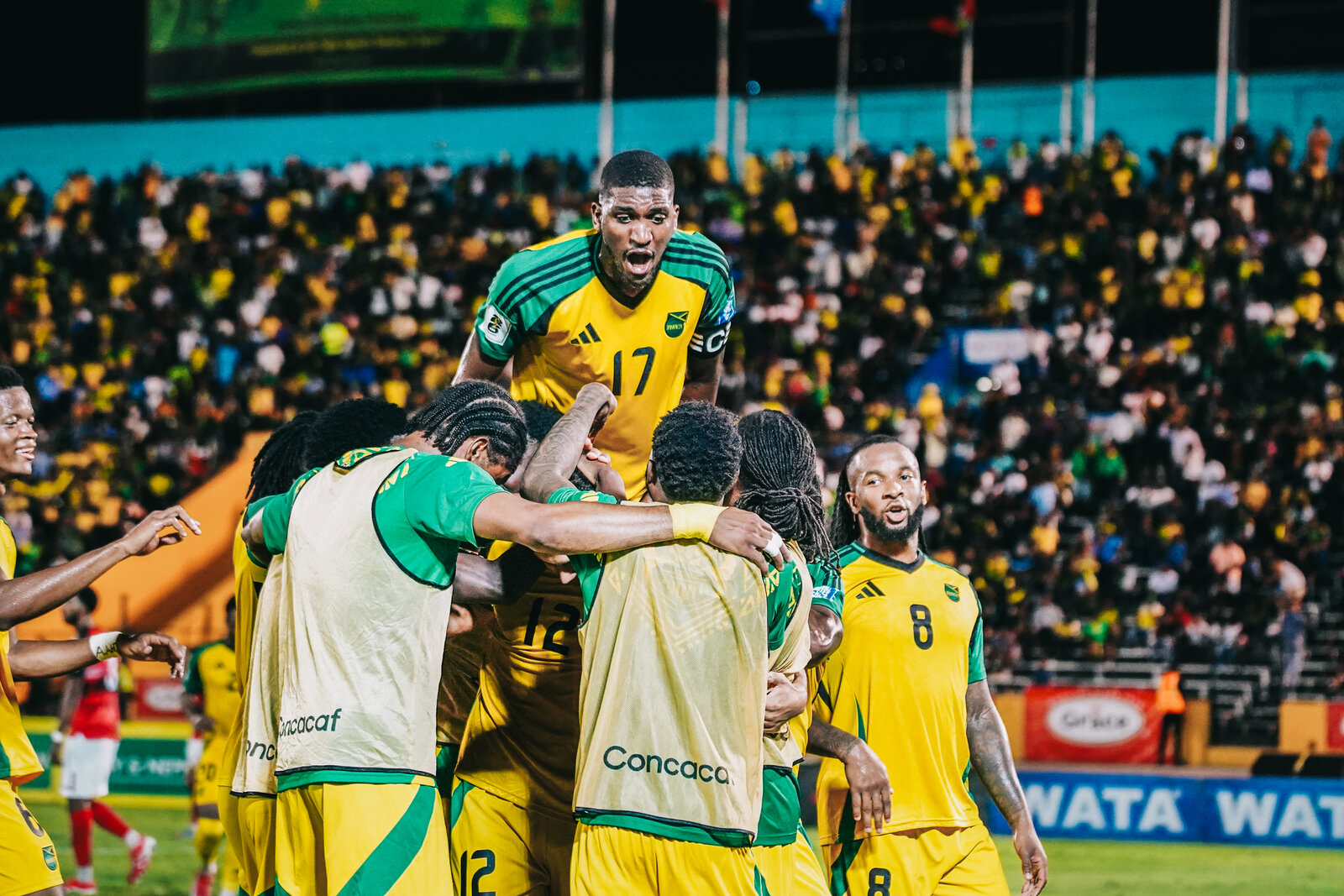 Reggae Boyz players celebrate with fans at the National Stadium