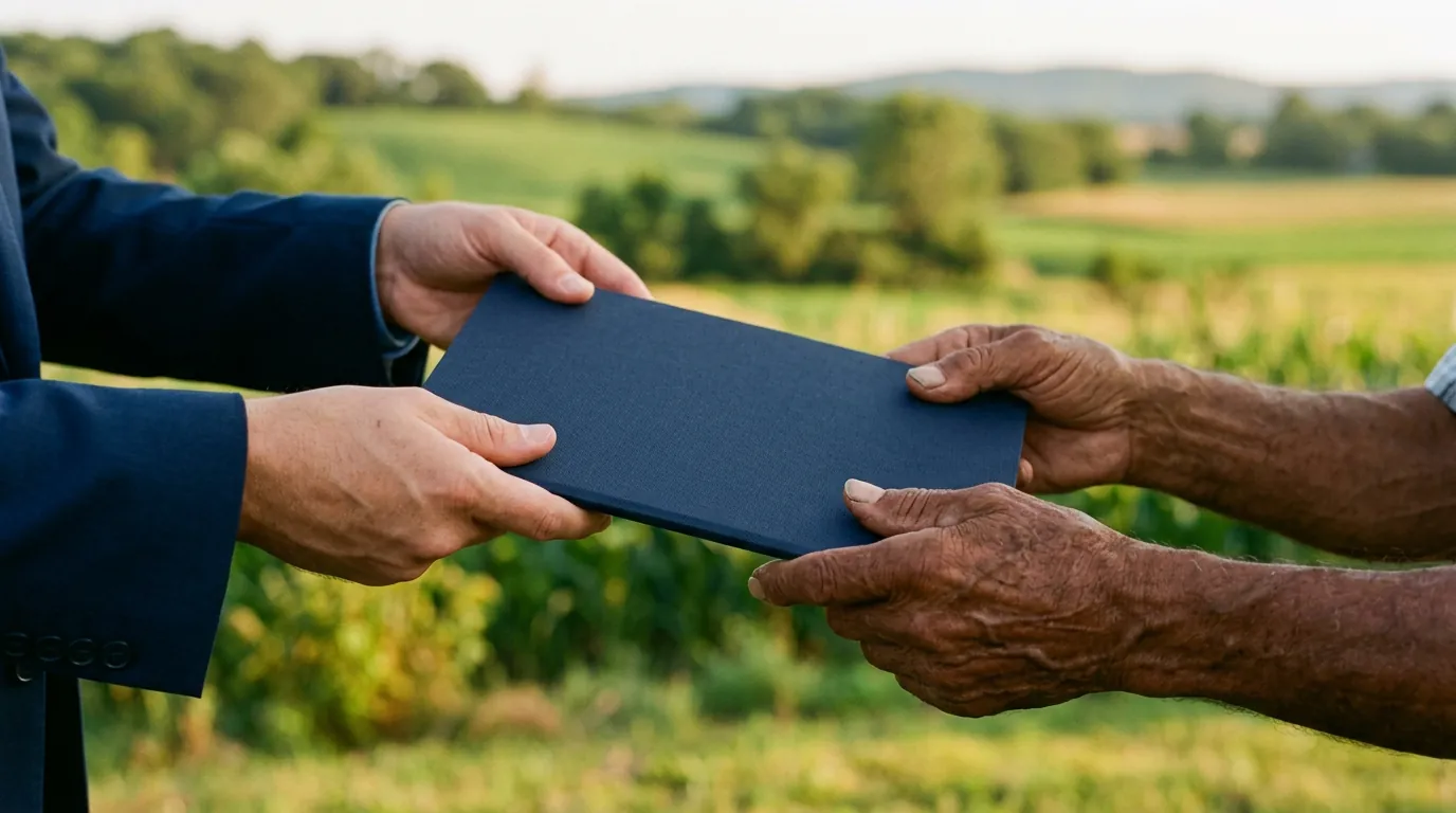 Two pairs of hands pass a navy folder above green farmland at sunset.