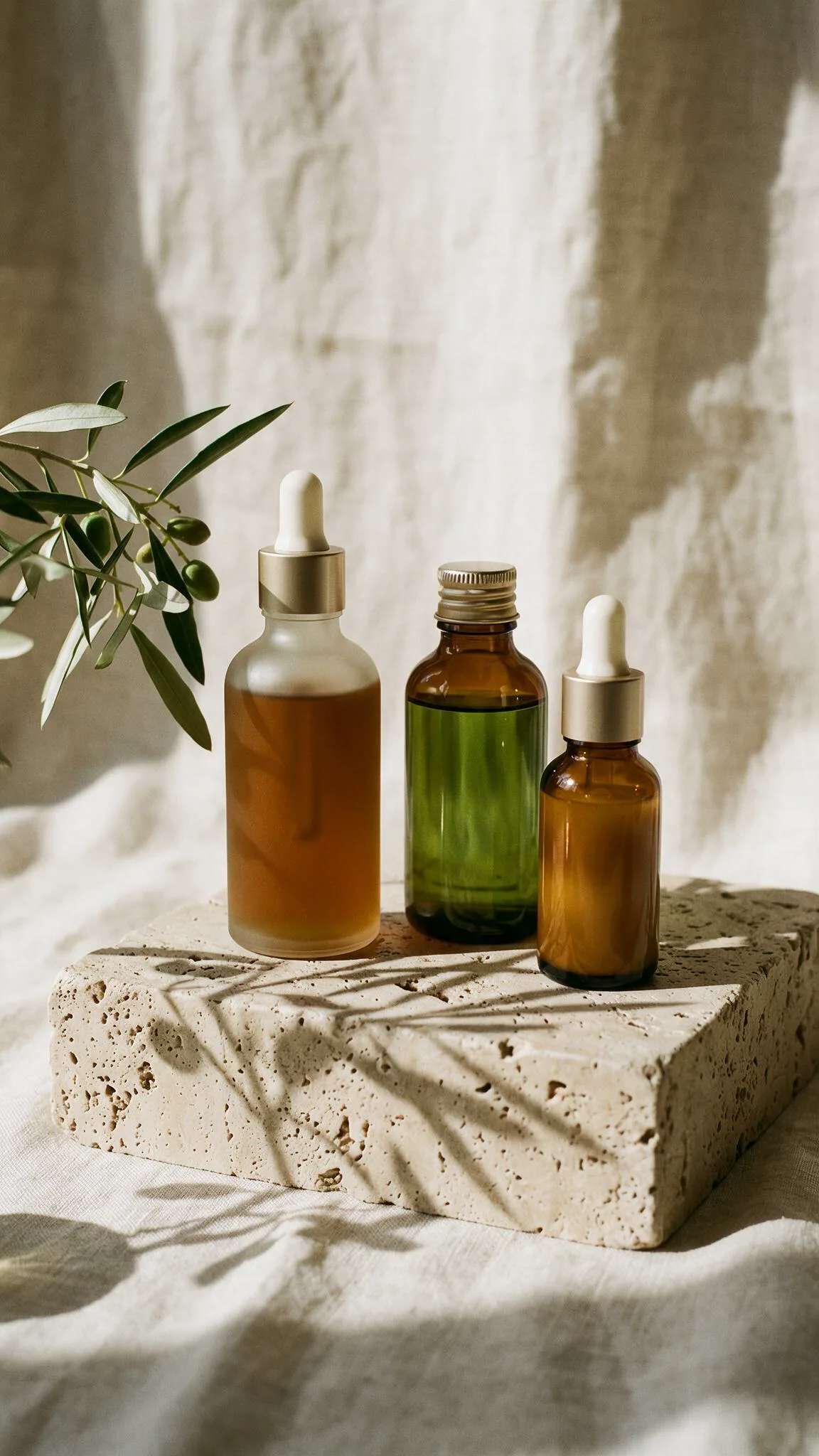 Unbranded amber, green and brown dropper bottles on a travertine block with olive leaves.
