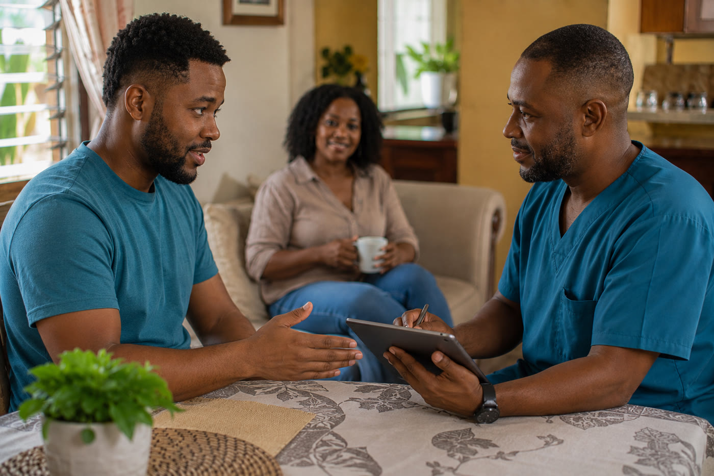 A Douvan Health clinician reviewing a patient's care at home, making notes on a tablet, with a family member sitting nearby