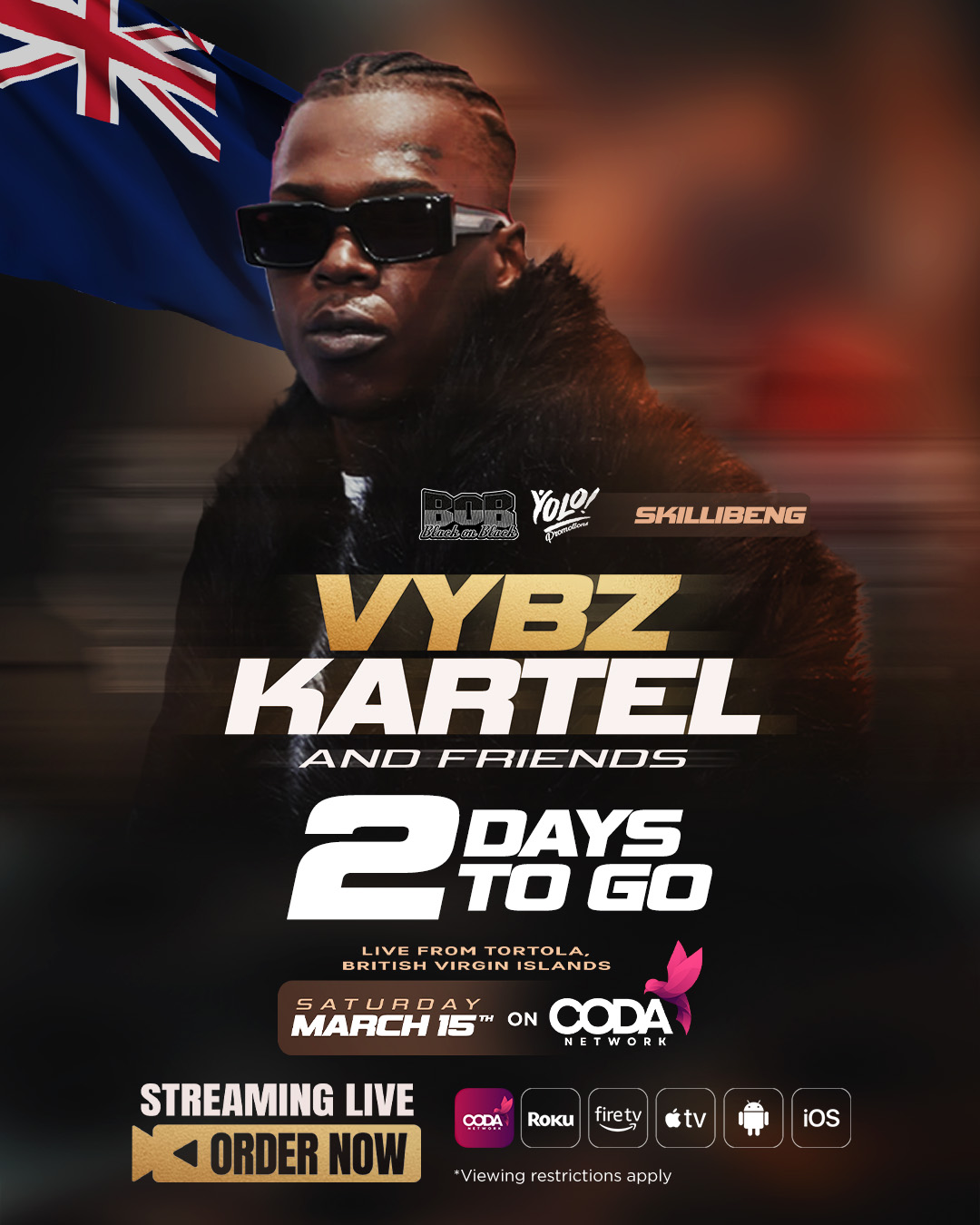 Vybz Kartel and Friends campaign graphic — two days to go, live from Tortola, British Virgin Islands