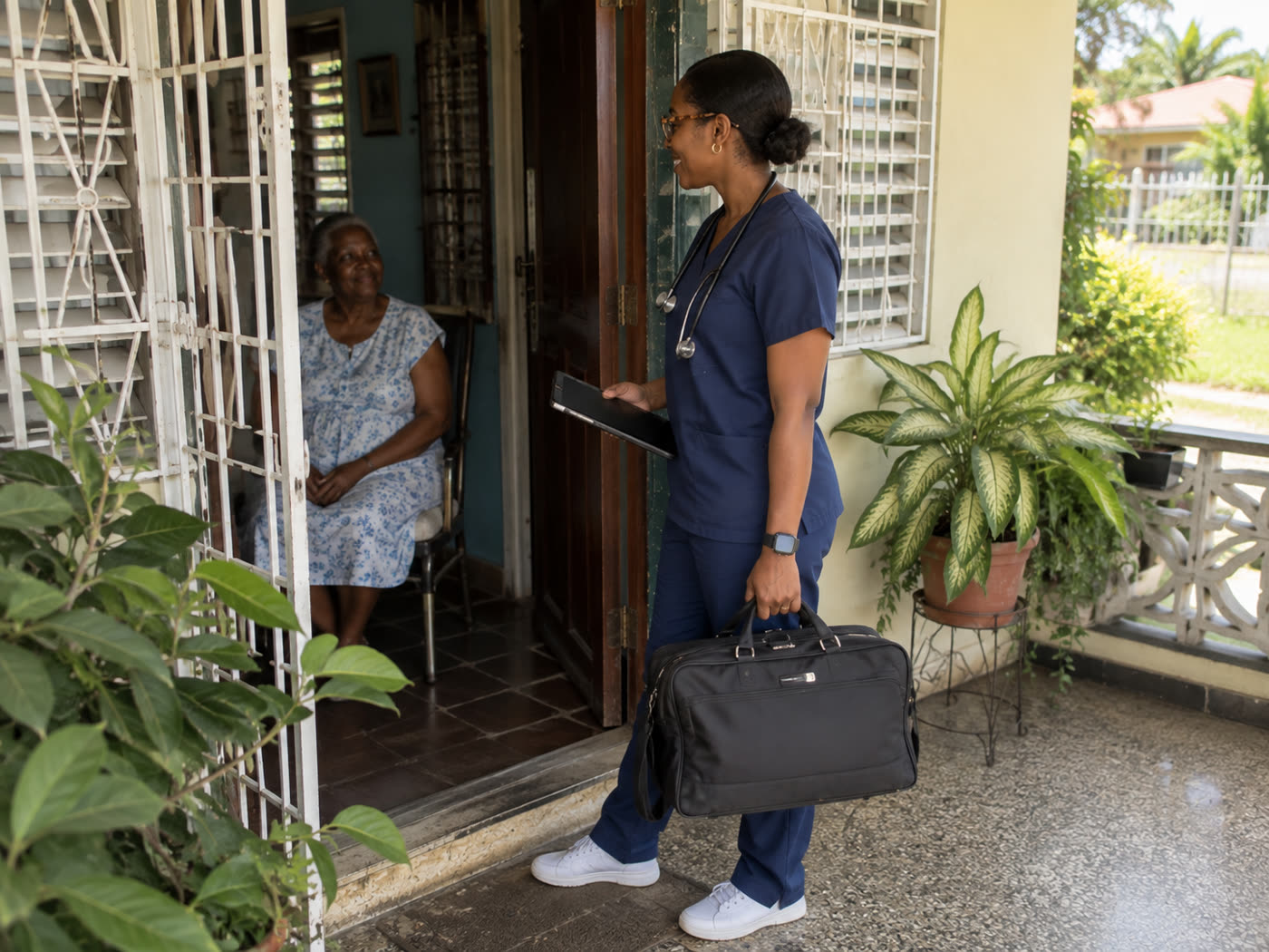 A Douvan Health doctor arriving at a Jamaican home with a medical bag, greeted at the door by the patient