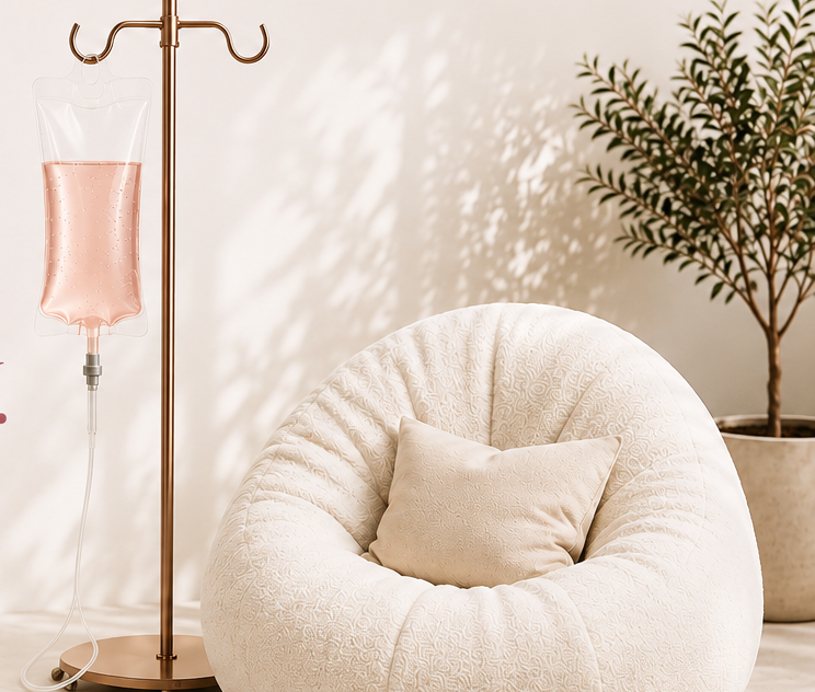 A rose-toned IV drip on a gold stand beside a plush cream lounge chair and a potted olive tree in soft light
