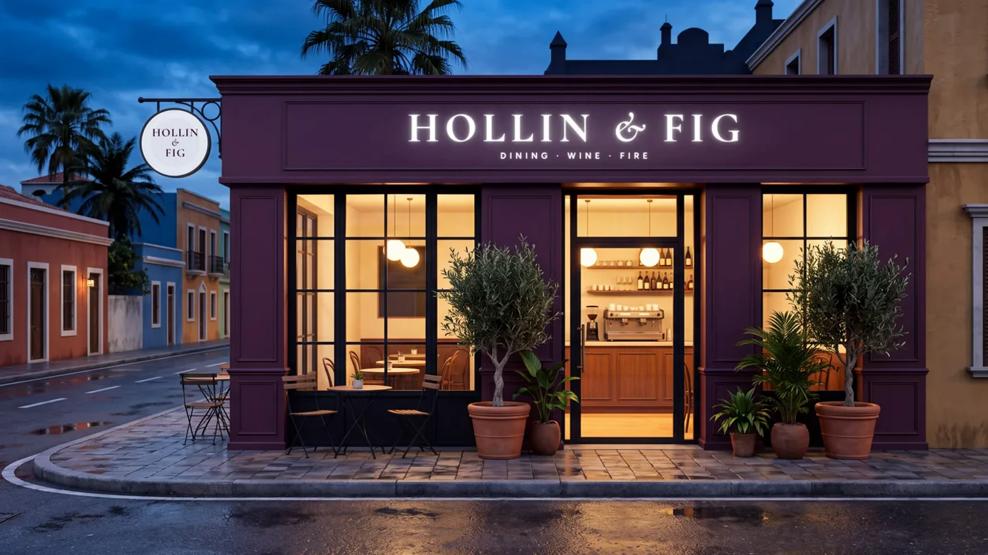 The Hollin & Fig café front at dusk with a lit fascia sign and a round blade sign