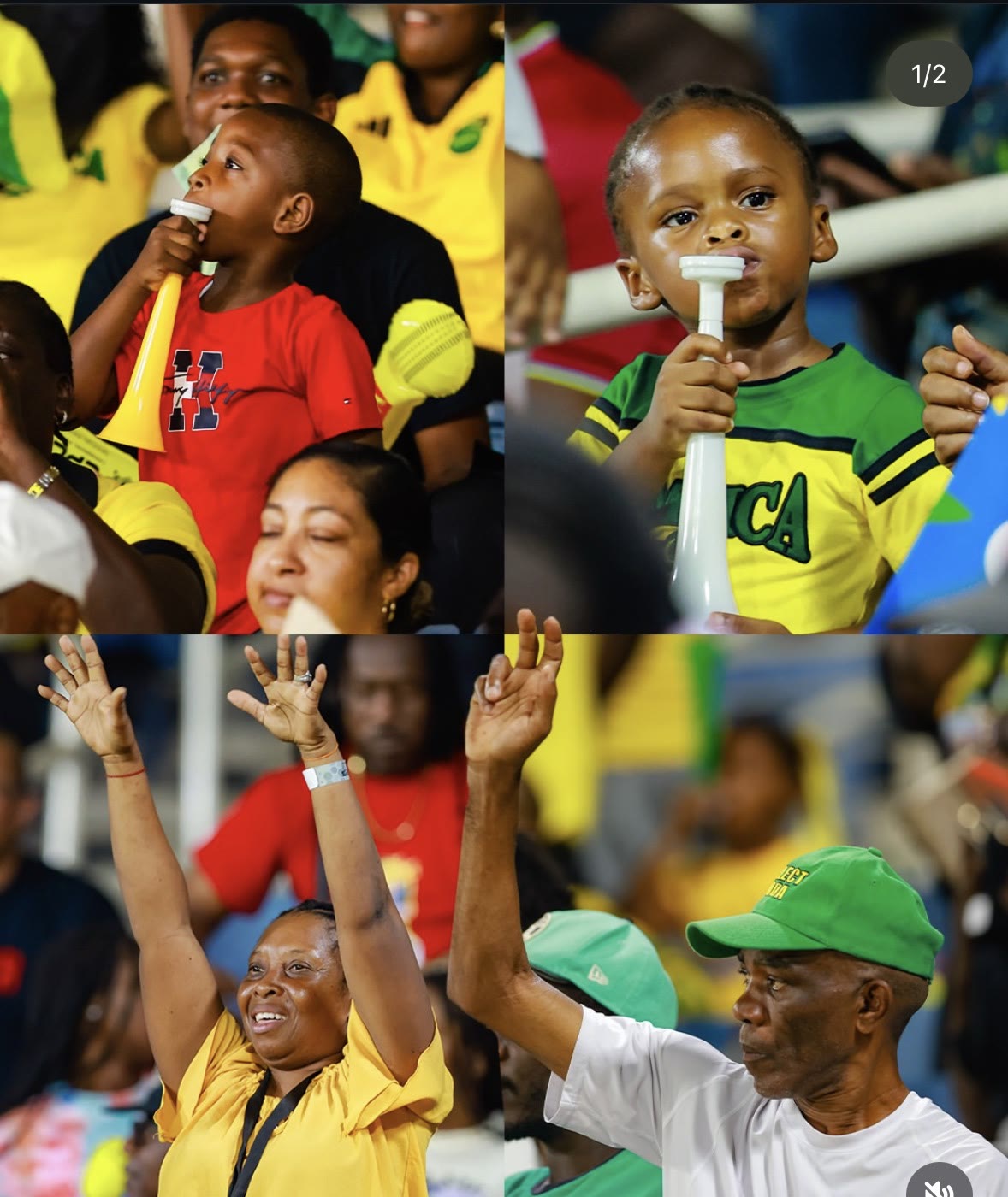 Fan collage of Kingsmen supporters cheering and blowing horns at Sabina Park