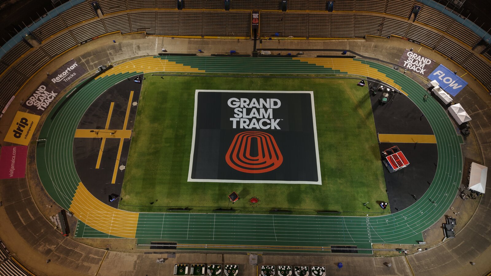 Aerial view of the National Stadium track with Grand Slam Track branding at centre field