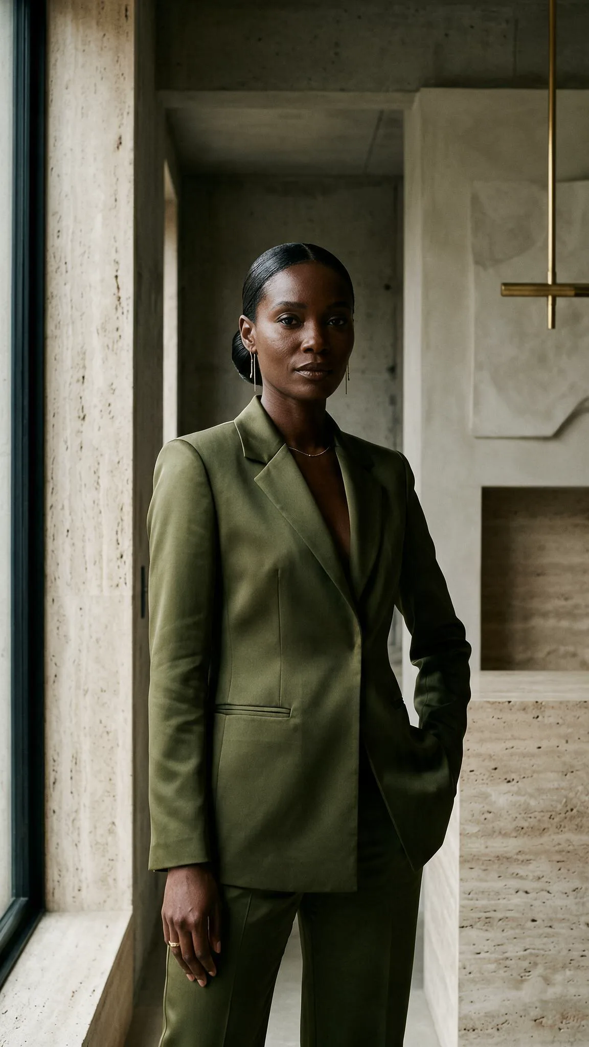 A woman with deep brown skin and a sleek low bun stands in an olive suit beside a tall window in a travertine and plaster room.