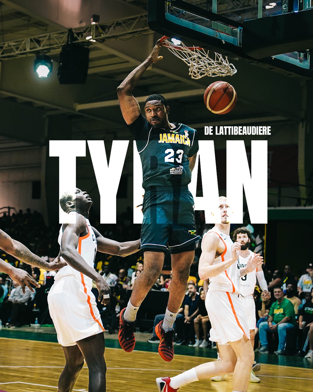 Tyran name-treatment graphic over a dunk frame