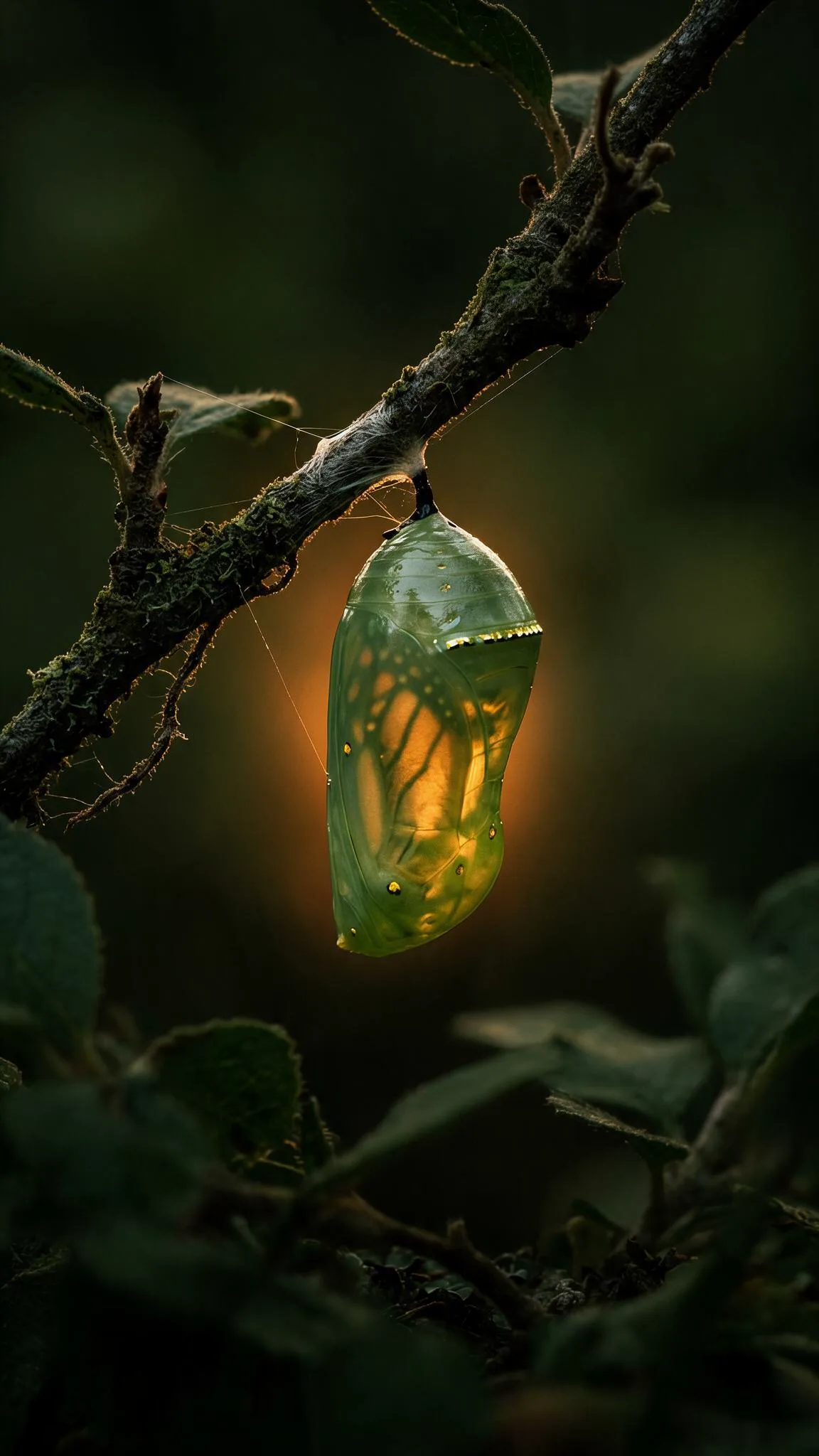A jade chrysalis glowing softly on a dark branch.