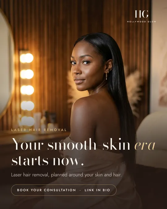 Made for HG Aesthetics with AI imagery: a woman with deep brown skin and long straight hair looks back over her shoulder in warm salon light, above the words "Your smooth skin era starts now."