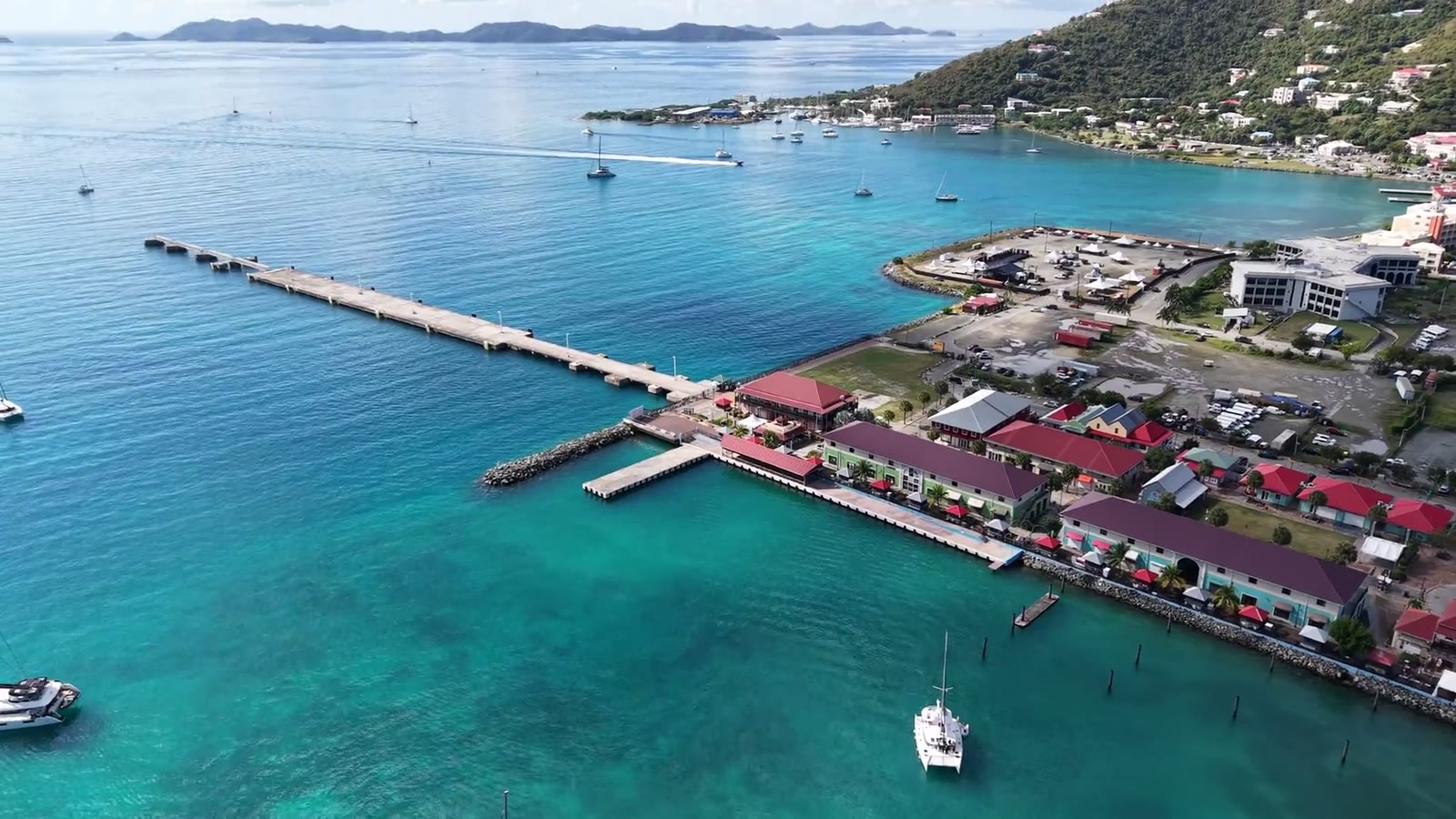 Aerial view of Road Town harbour, Tortola, with its pier over turquoise water