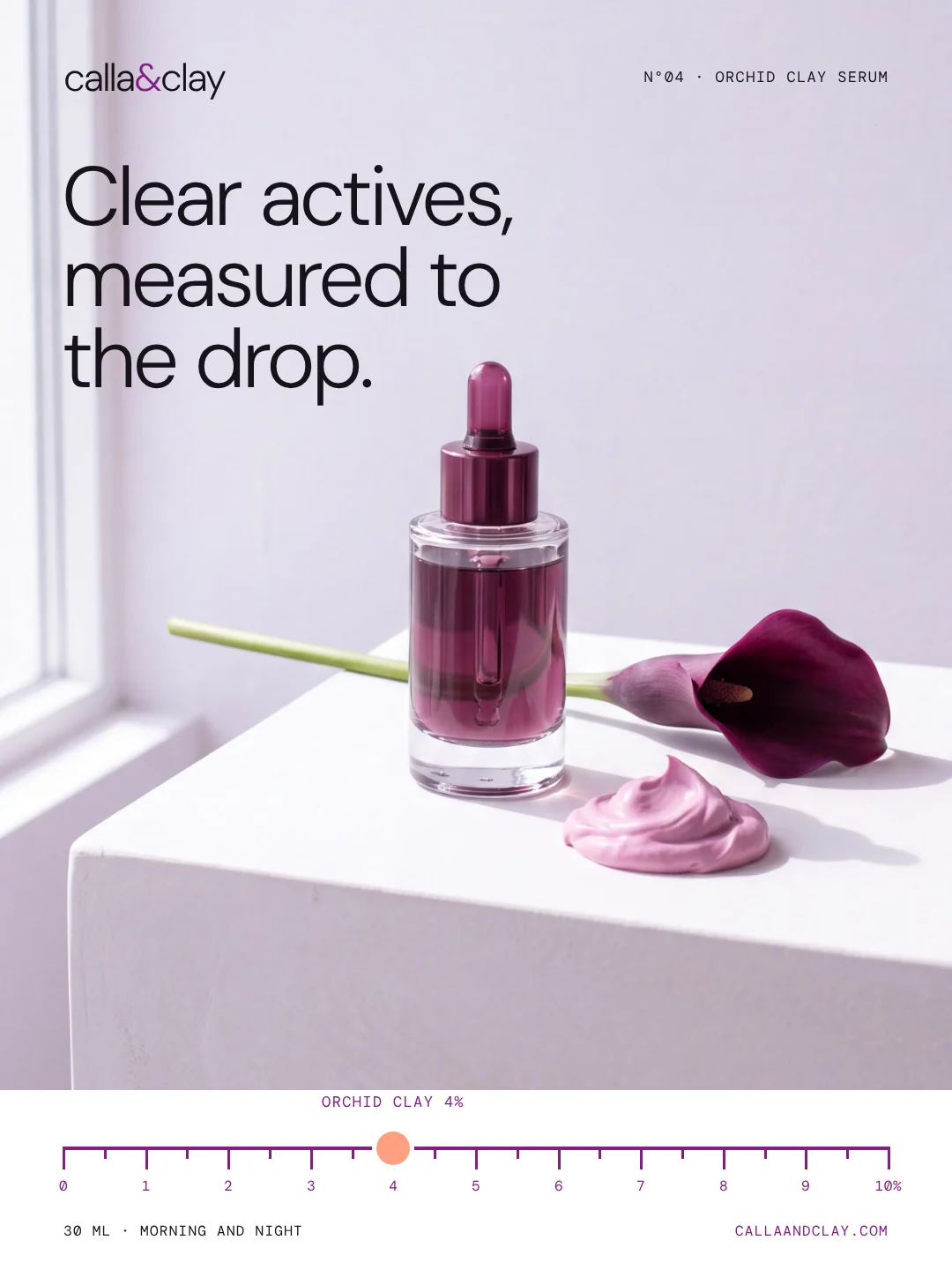 A clear glass serum bottle with a plum cap on a white plaster plinth beside a plum calla lily and orchid clay, under the headline Clear actives, measured to the drop, with a dose ruler marking orchid clay at 4 per cent.