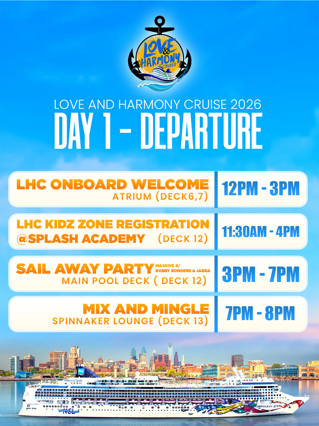 Day 1 departure programme listing the onboard welcome, kids zone, sail-away party and mix and mingle