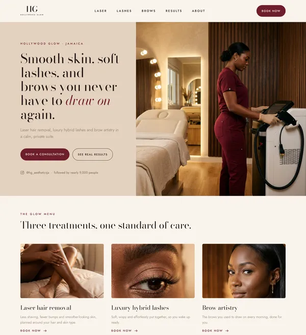 A website section made for HG Aesthetics: "Smooth skin, soft lashes, and brows you never have to draw on again," with three treatments below.
