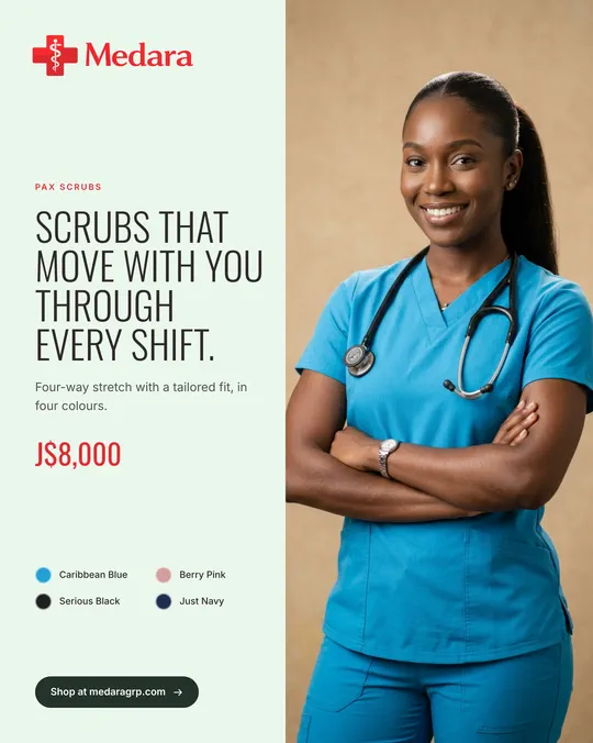 Made for Medara with AI imagery: a nurse with deep brown skin in teal scrubs and a stethoscope smiles beside the words "Scrubs that move with you through every shift", from J$8,000 in four colours.