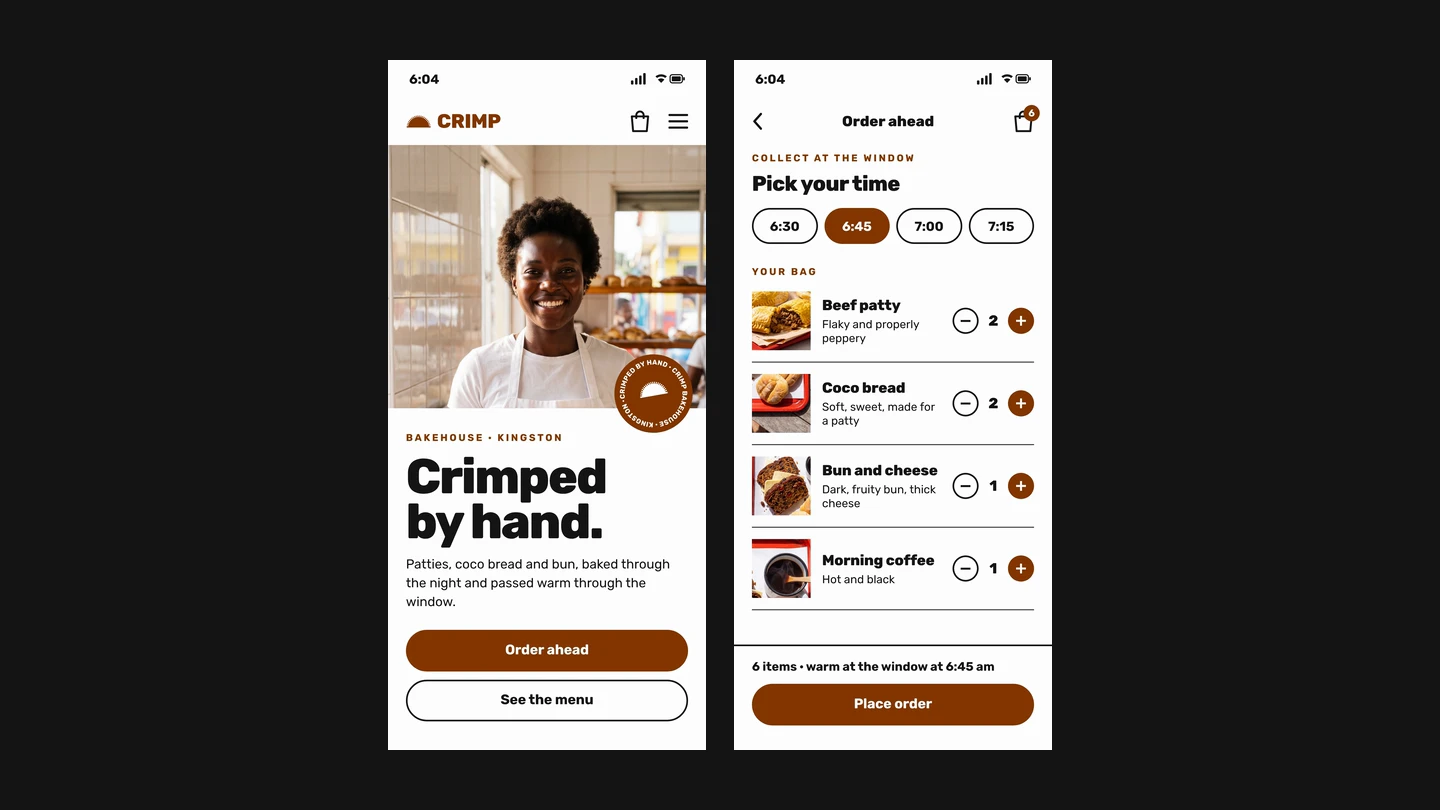 Two Crimp phone screens: the home page and ordering ahead with a pickup time