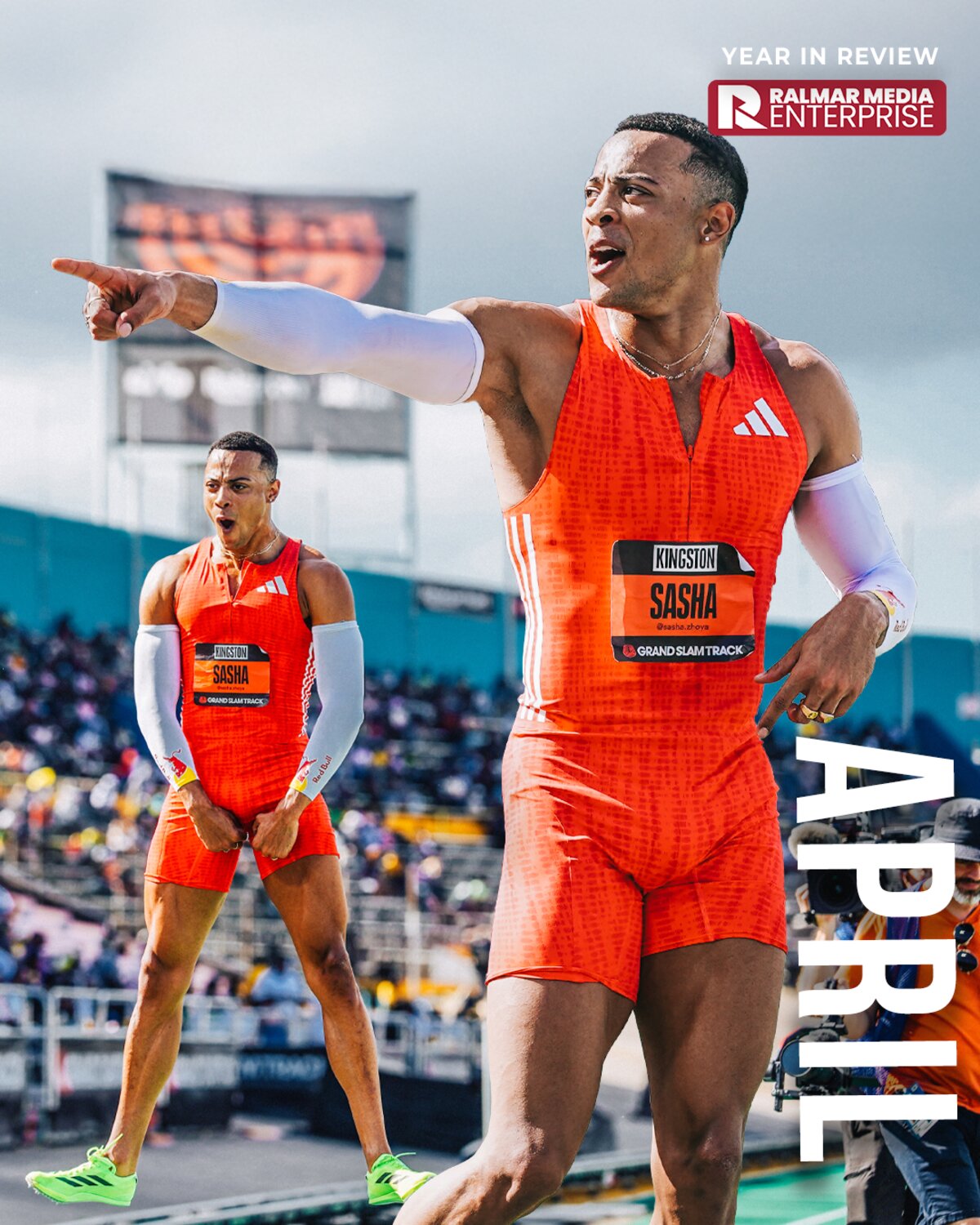 April Year in Review cover — track and field athletes mid-race