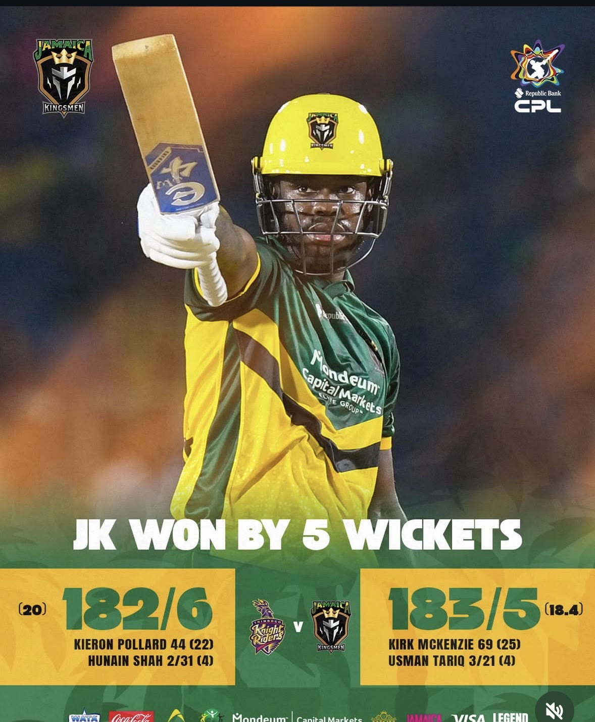 The Kingsmen result graphic: JK won by 5 wickets, 183 for 5 in 18.4 overs against 182 for 6