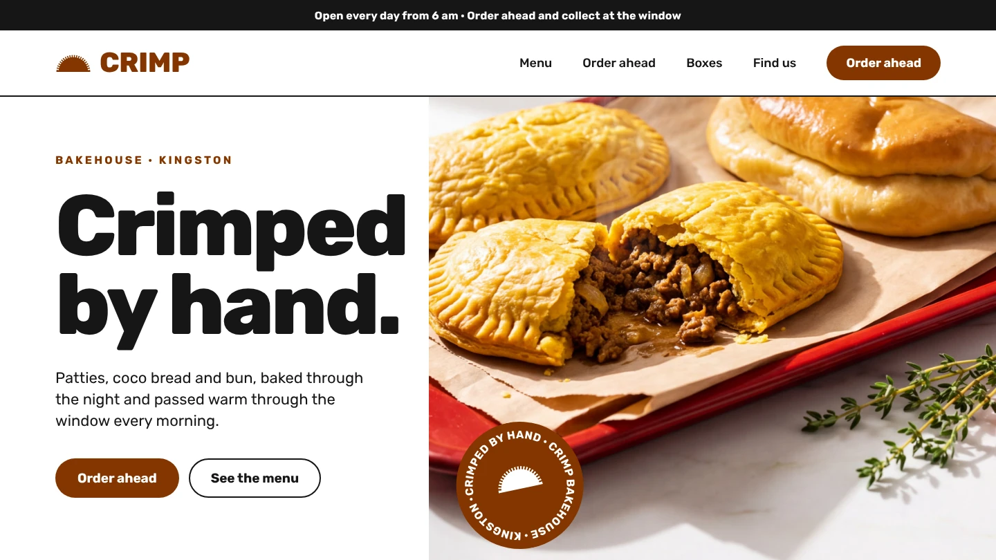 The Crimp home page: Crimped by hand, with Order ahead and See the menu beside a tray of golden patties