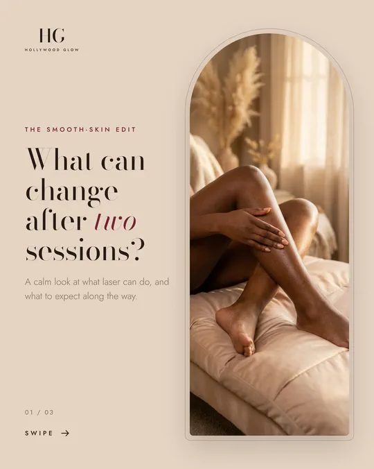 Made for HG Aesthetics with AI imagery: "What can change after two sessions?" beside legs resting on a cream bed framed by an arched window.