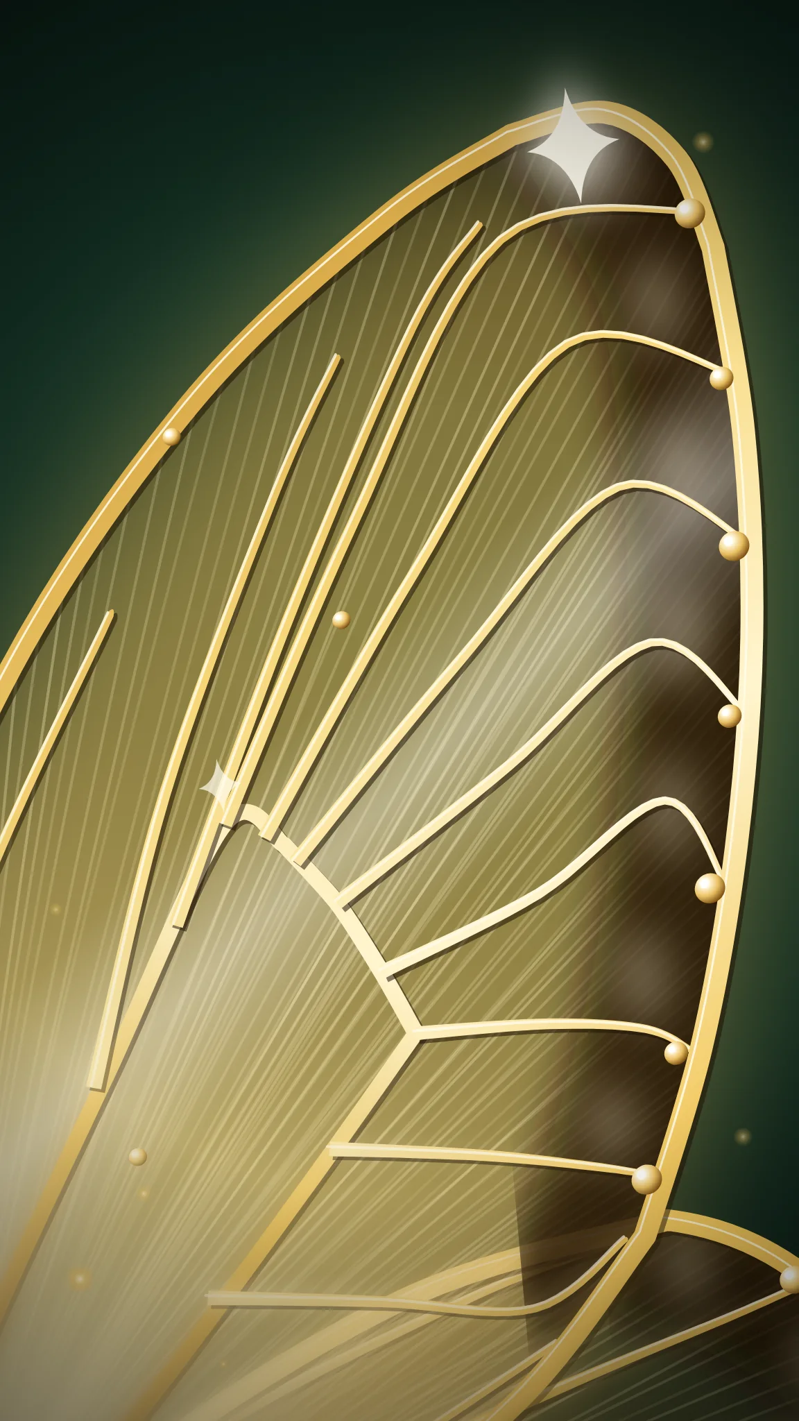 A gold glass butterfly wing with fine gold veins, seen up close.