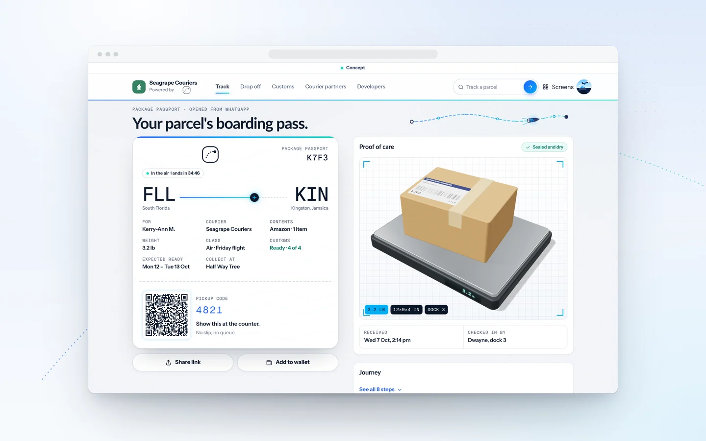 A browser window on a pale blue backdrop showing Your parcel’s boarding pass, a pass for parcel K7F3 from FLL to KIN with a pickup code and QR, and a proof-of-care illustration of the box on a warehouse scale.