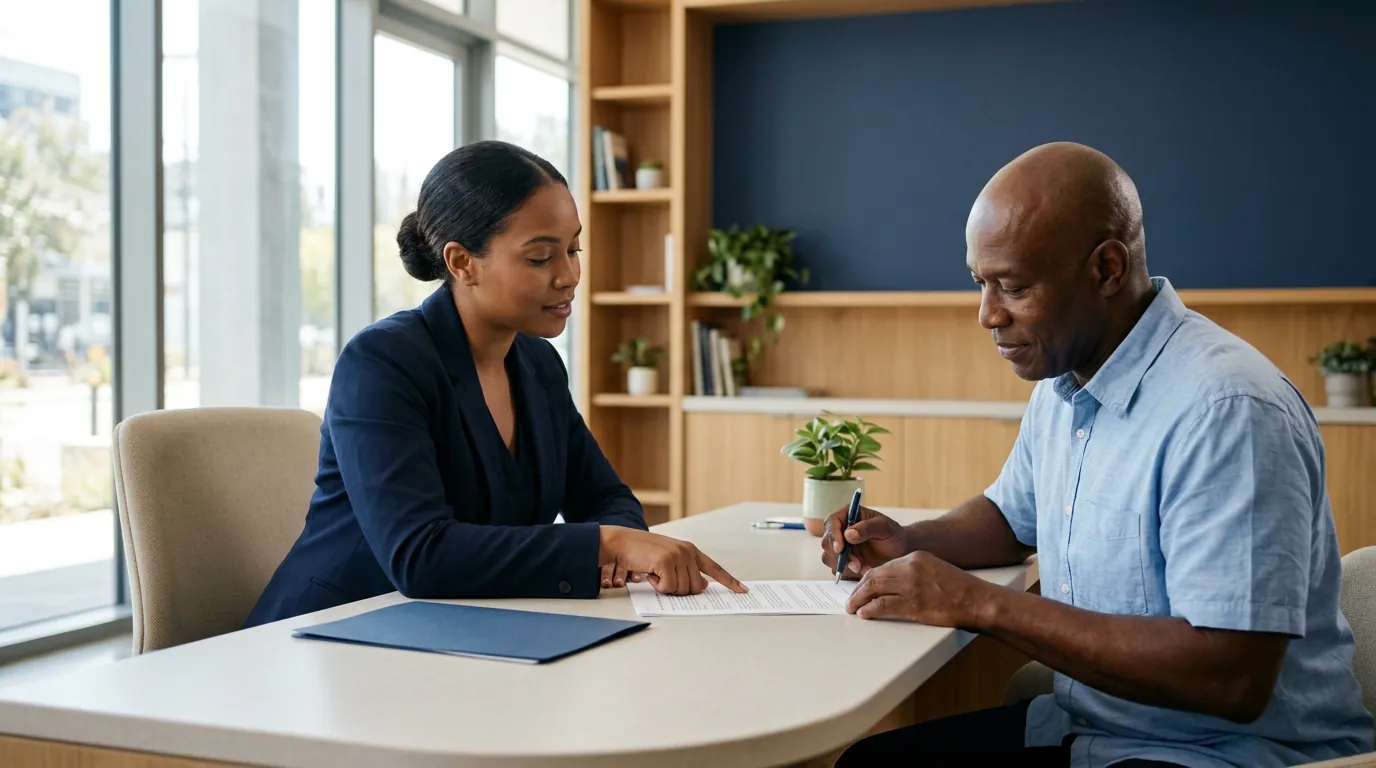 A title advisor points to a document as a client signs at a bright office table.