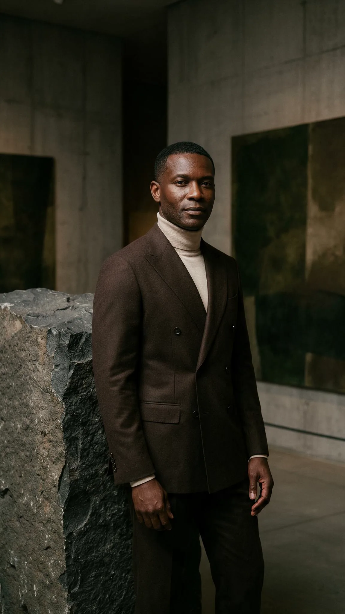 A man with deep brown skin in an espresso double-breasted suit and a cream turtleneck stands beside a raw stone block in a concrete gallery.