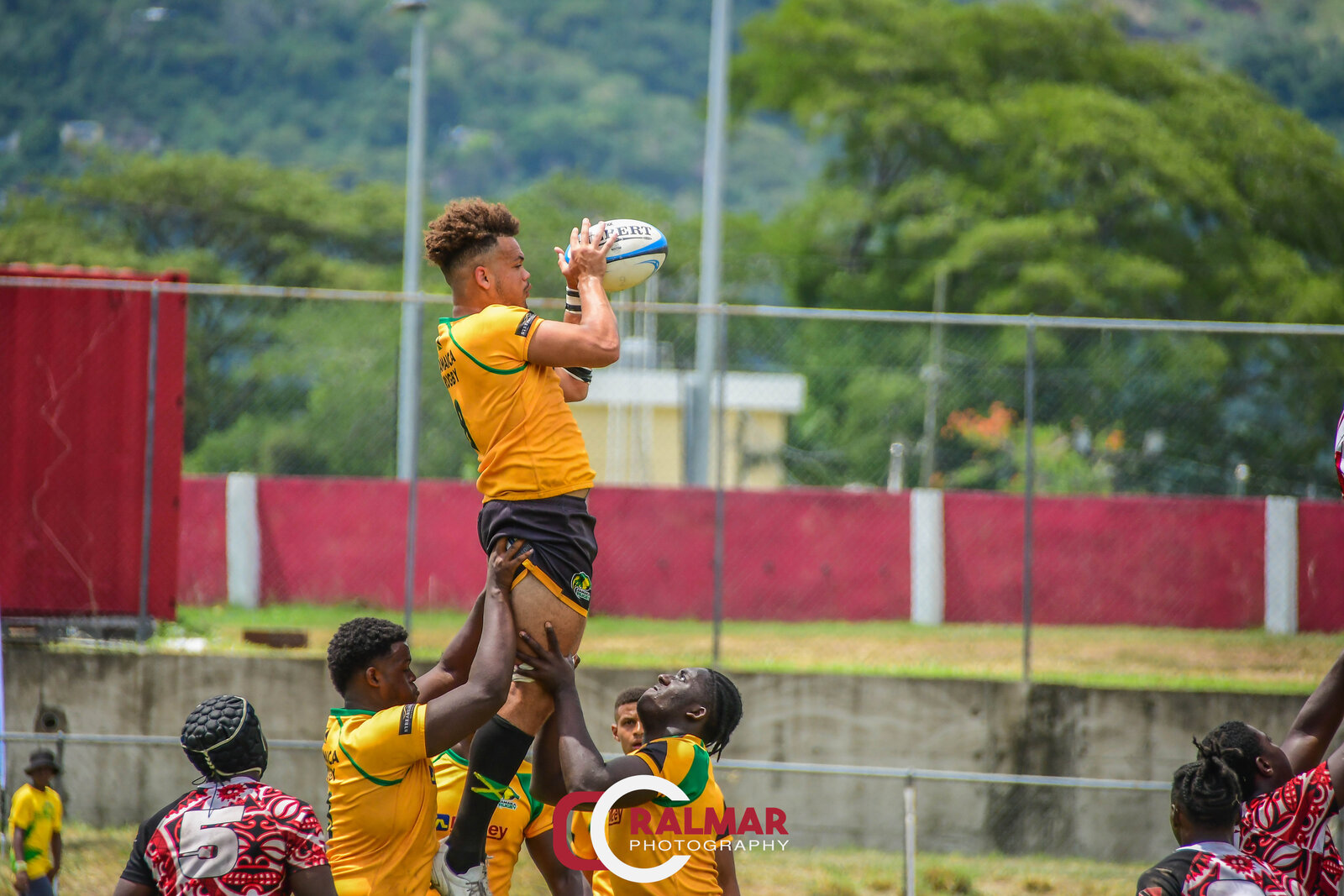 A rugby lineout jumper is lifted high with the mountains behind