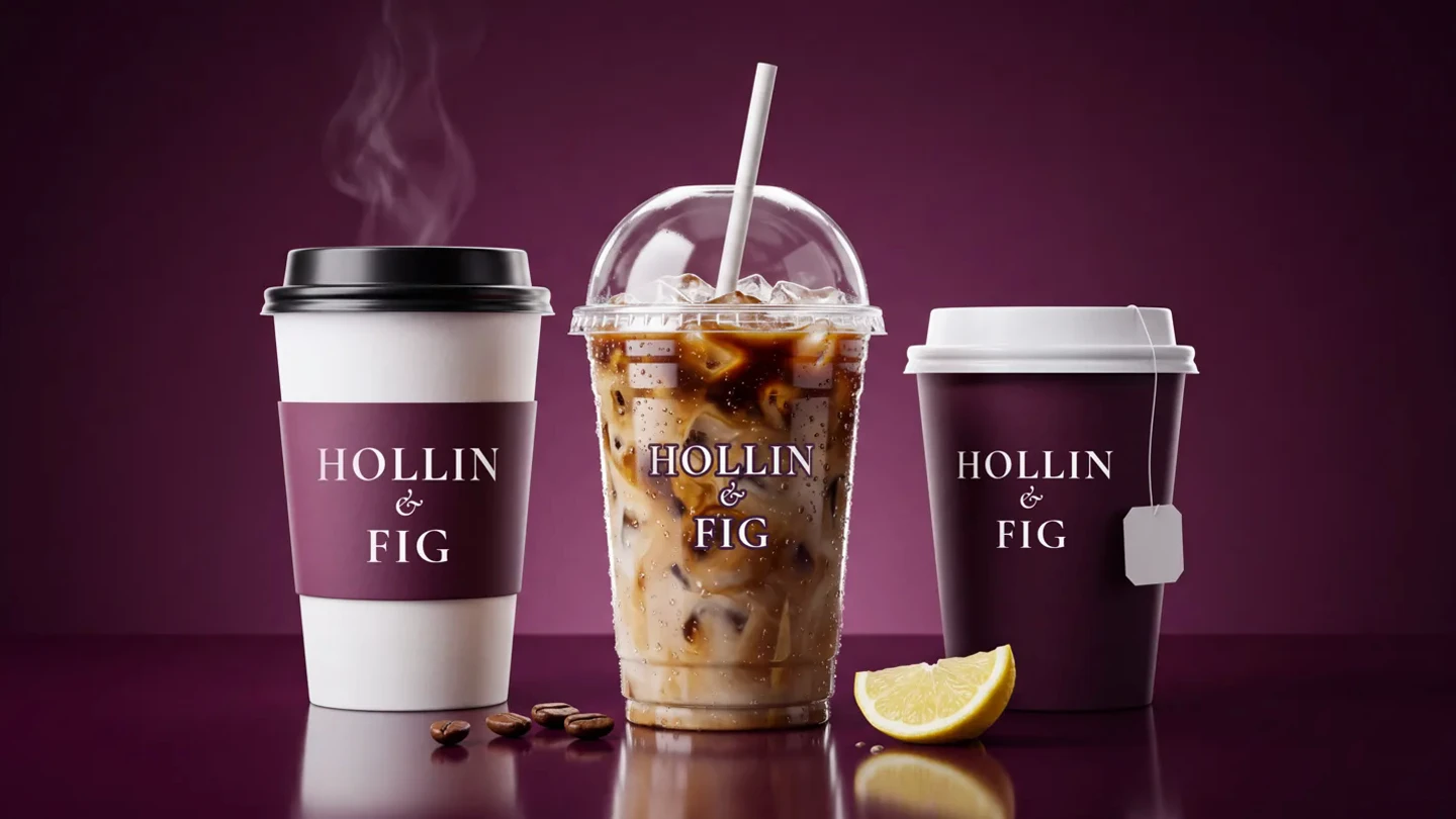 Three Hollin & Fig cups on deep fig: a hot cup, an iced coffee and a fig tea with its tag