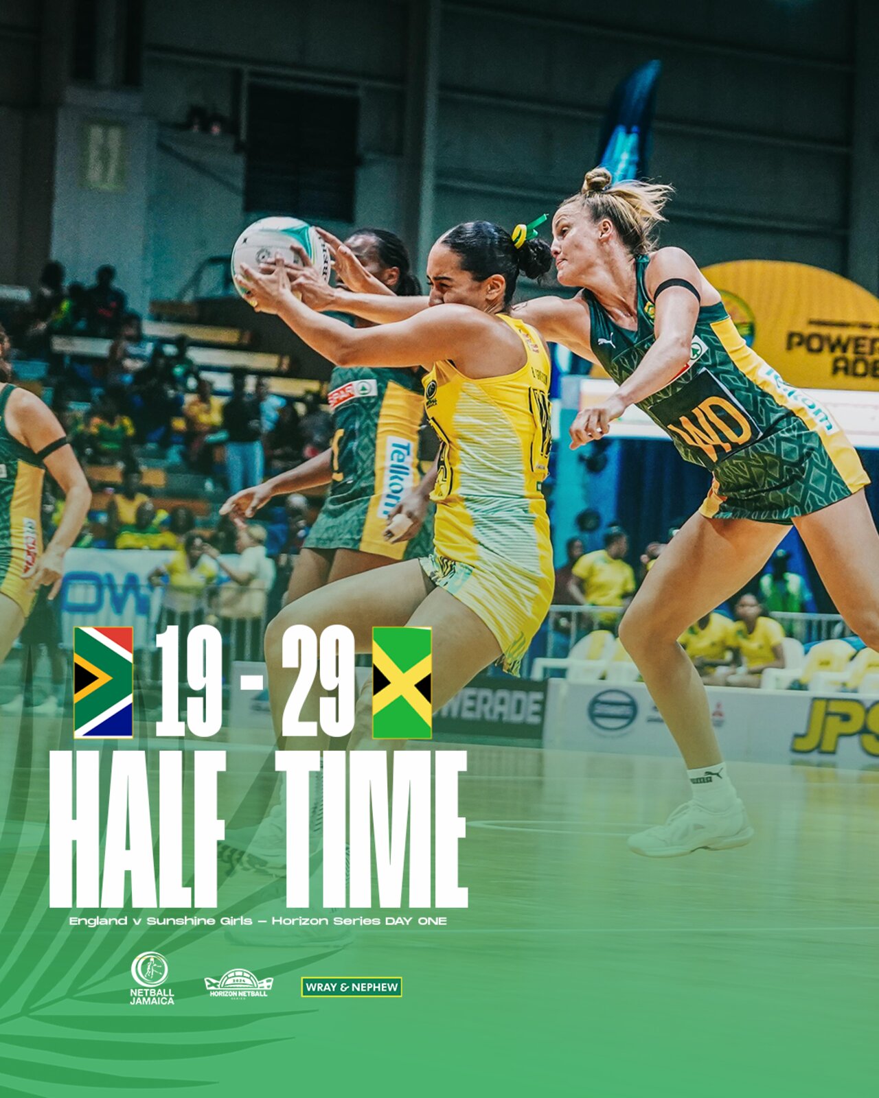 A designed half-time score graphic for the netball broadcast
