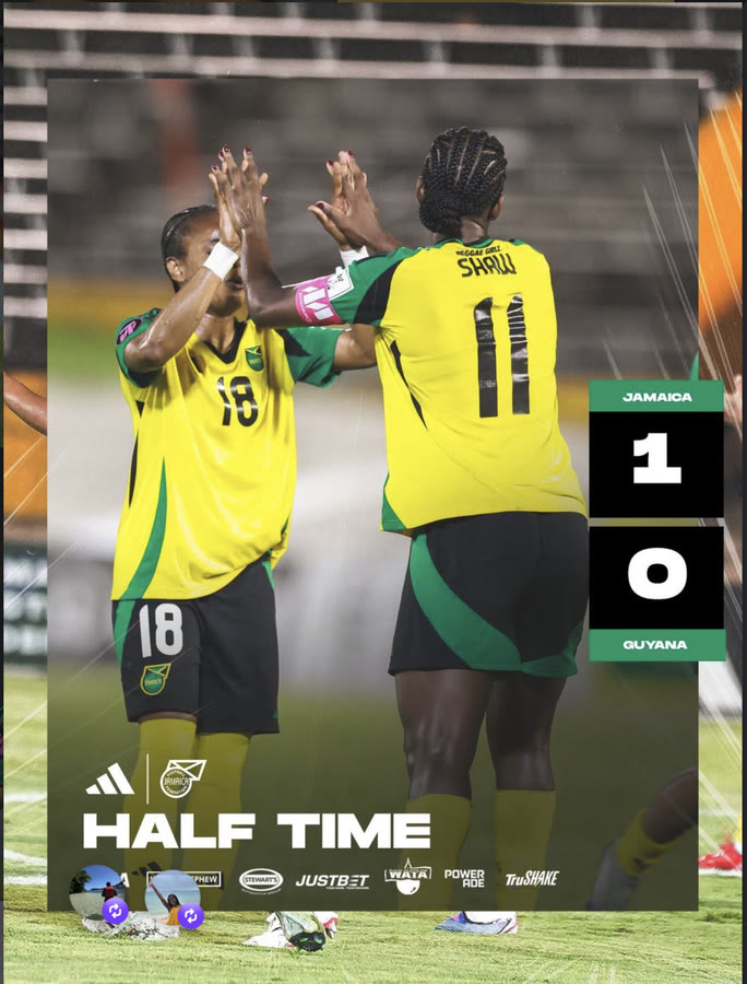 The Jamaica Football Federation’s Half Time graphic, Jamaica 1 Guyana 0, built on the same photograph