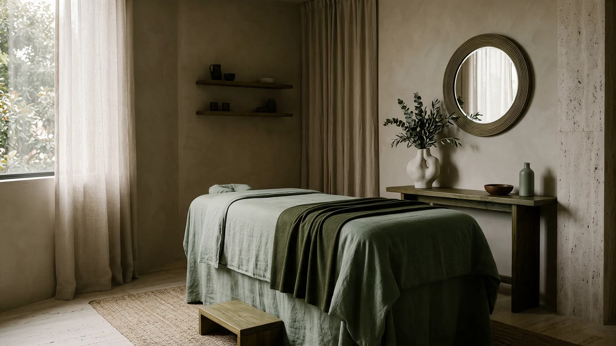 A calm treatment room with a sage-draped treatment bed and limewashed walls.
