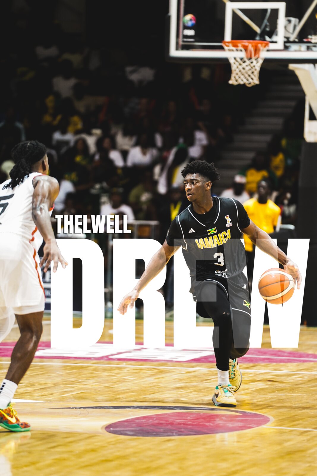 Thelwell Drew name-treatment graphic at the rim in black and white