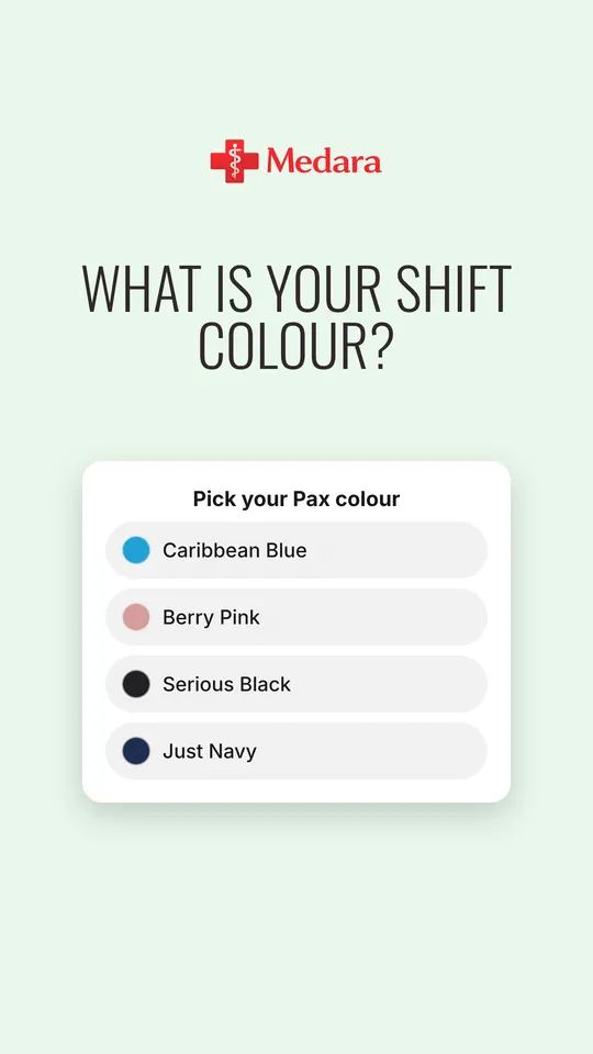 Made for Medara: "What is your shift colour?", with a quiz of four scrub colours.