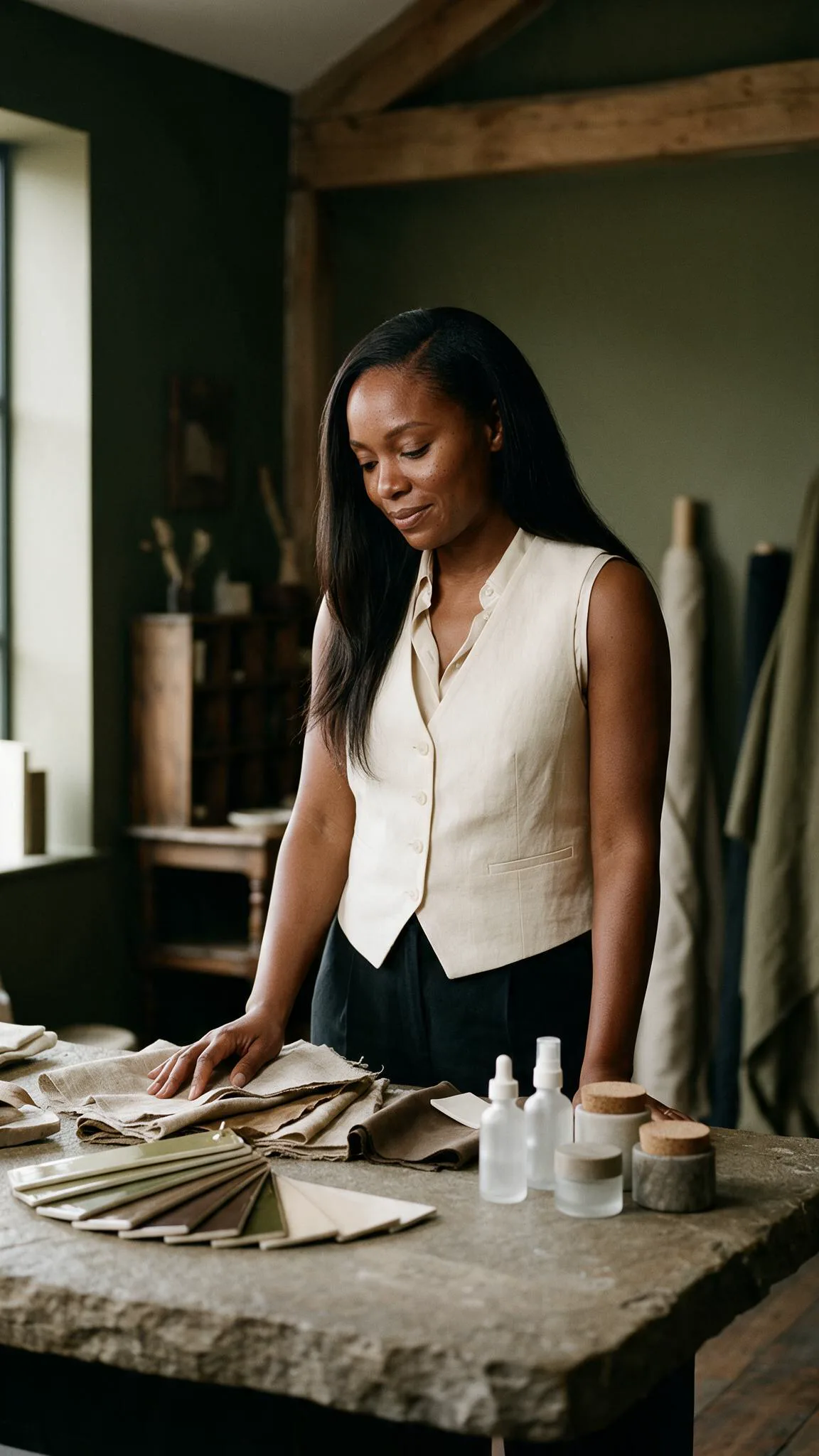 A woman with long, straight hair and a cream waistcoat arranges fabric swatches and product samples on a stone worktable in her studio.