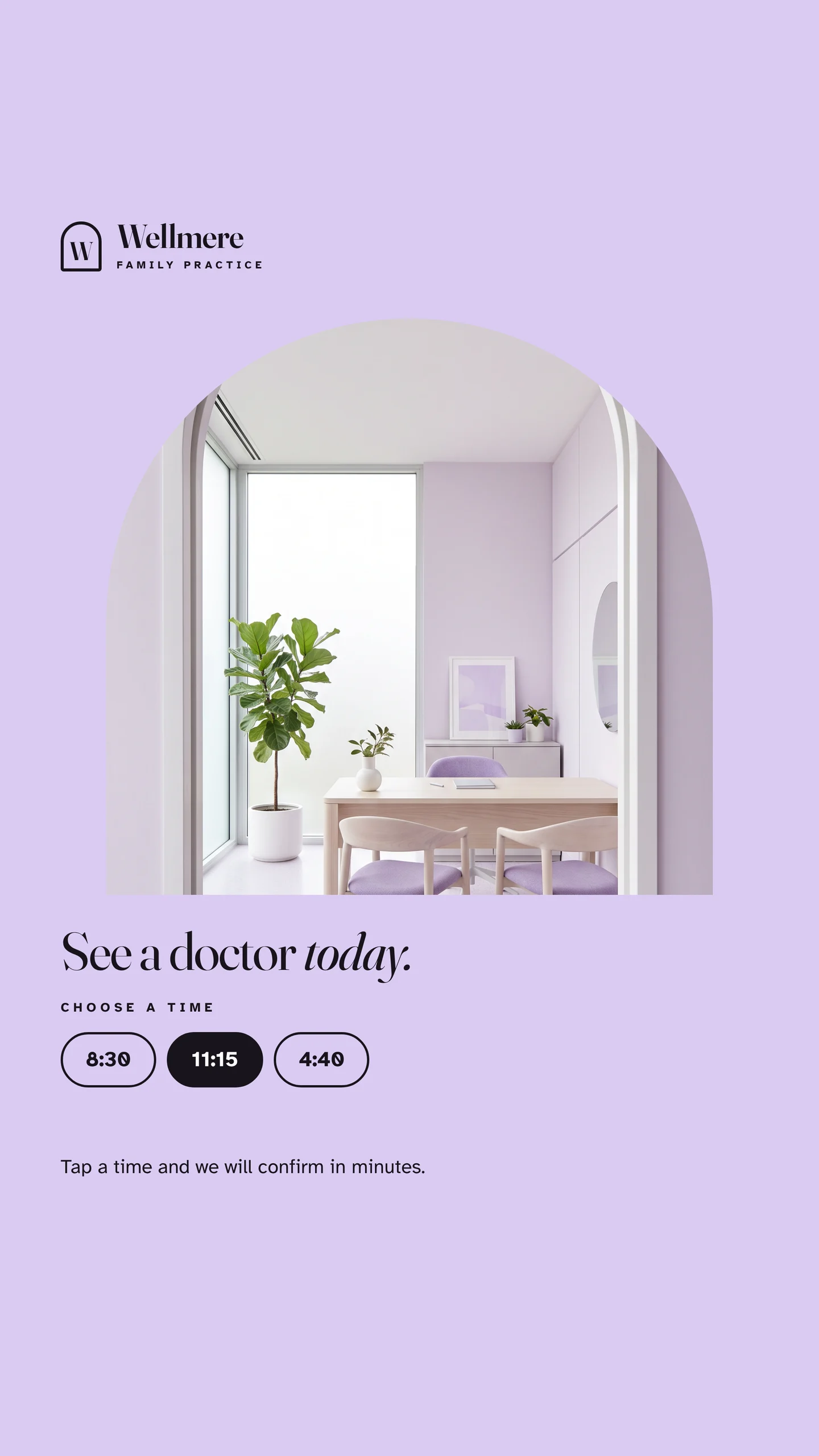 The consulting room in an arch above See a doctor today and three appointment times, 11:15 selected.