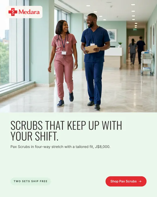 Made for Medara with AI imagery: two clinicians in scrubs walk down a bright corridor above the words "Scrubs that keep up with your shift."