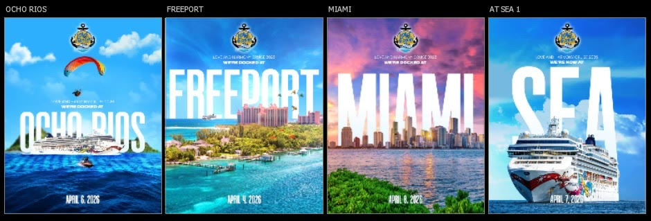 Port graphics for Ocho Rios, Freeport, Miami and a day at sea