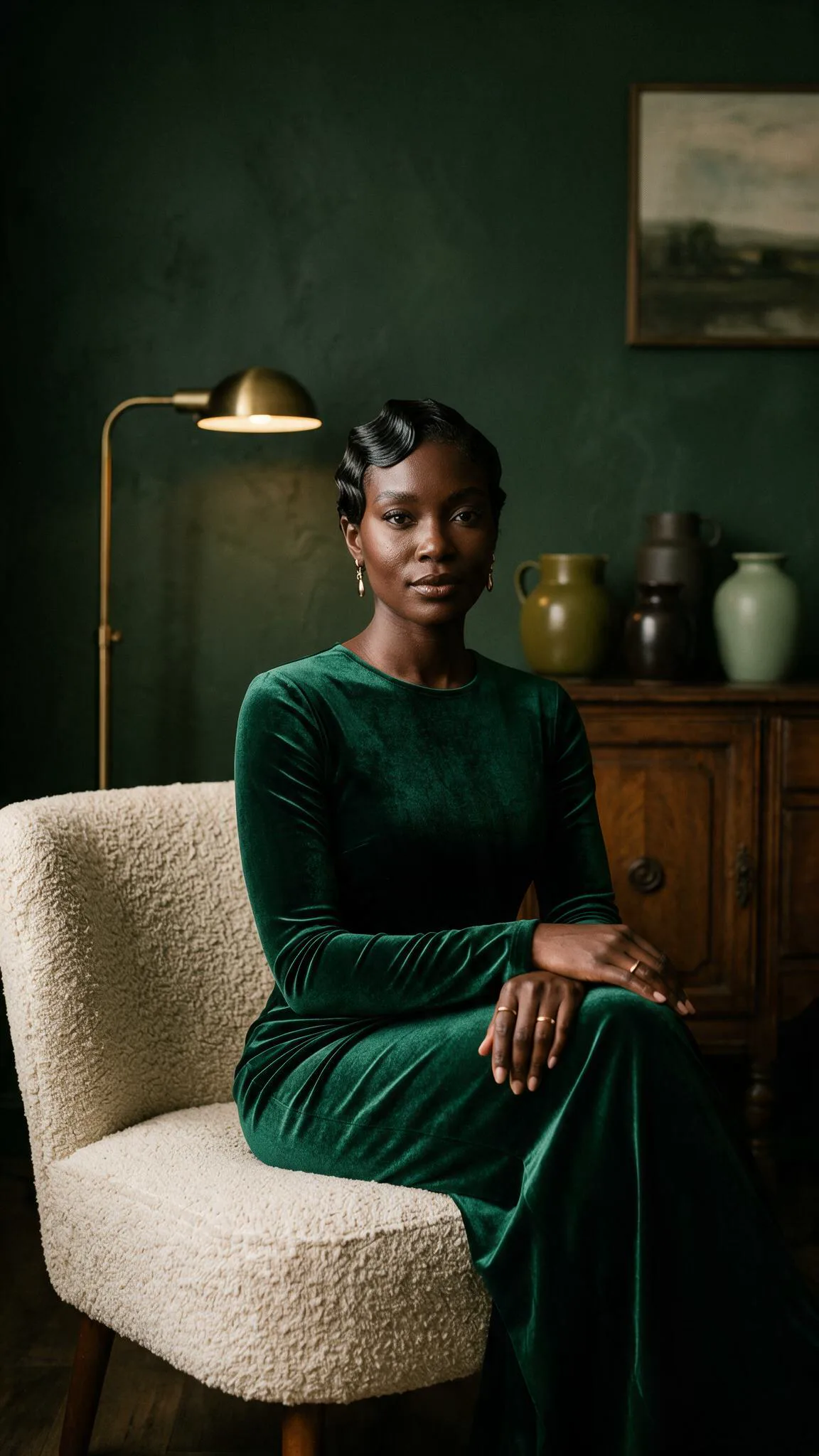 A woman with deep brown skin and sculpted finger waves sits in a cream bouclé chair, wearing an emerald velvet dress, in a dark green room lit by a brass lamp.