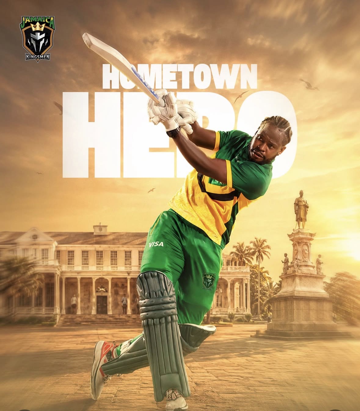 The Jamaica Kingsmen Hometown Hero graphic featuring Kirk McKenzie mid-swing in front of Kingston landmarks