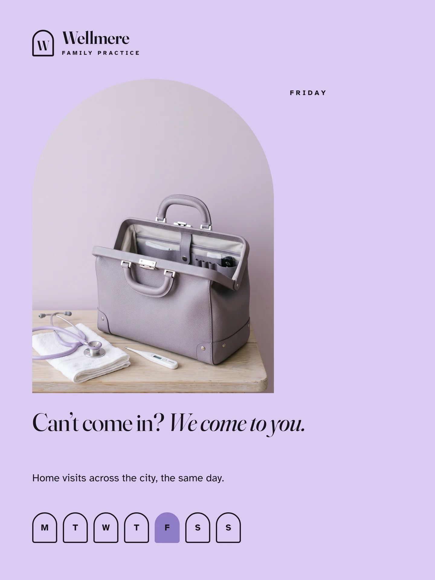 The Friday slide of a carousel: a lavender doctor’s bag open on a bench beside a stethoscope, titled We come to you.