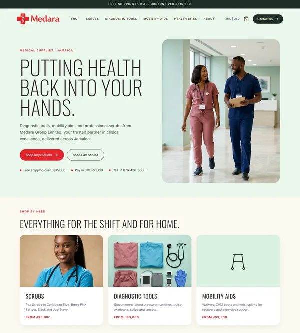 A website section made for Medara: "Putting health back into your hands," with scrubs, diagnostic tools and mobility aids below.