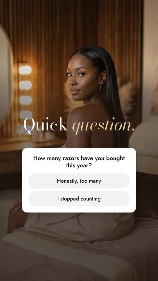 Made for HG Aesthetics with AI imagery: "Quick question.", with a poll asking how many razors you have bought this year.