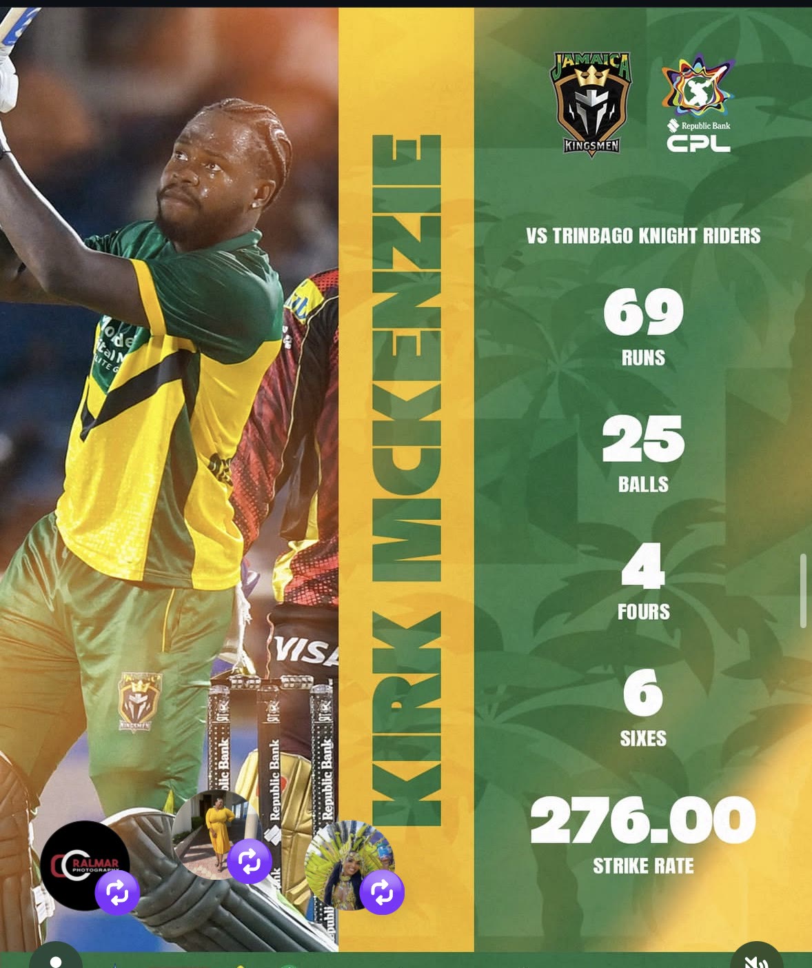 Kirk McKenzie stat card: 69 runs from 25 balls, 4 fours, 6 sixes, strike rate 276
