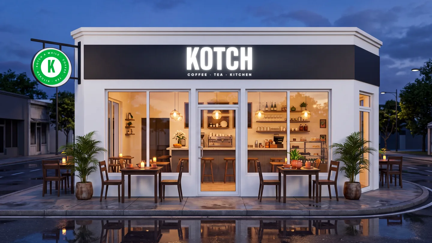 A white corner café at dusk with a lit KOTCH fascia sign reading Coffee · Tea · Kitchen, a round green blade sign with a K, tables outside and warm light inside