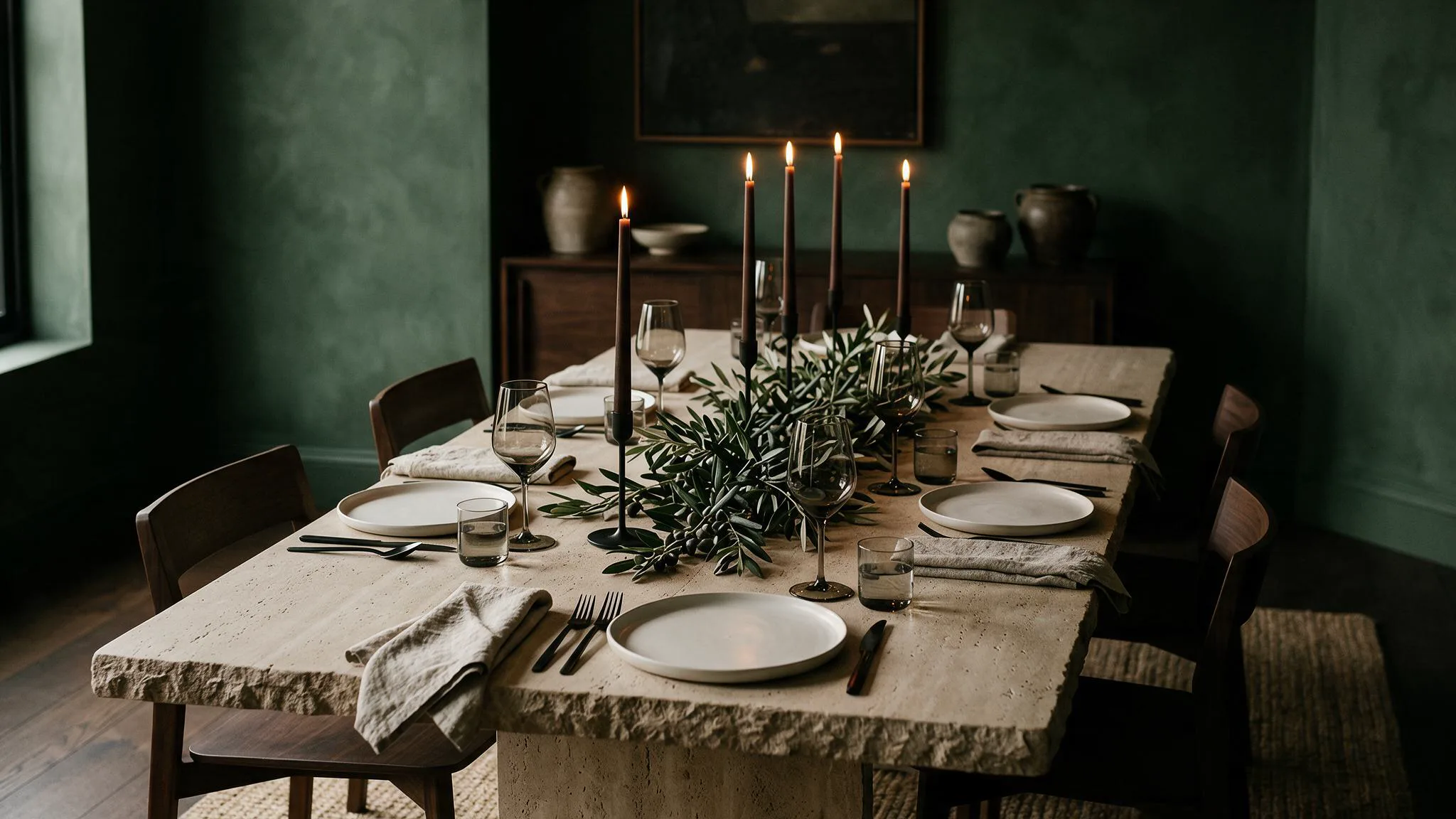 A long wooden dining table set with tall candles, olive branches and linen in a dark green room.