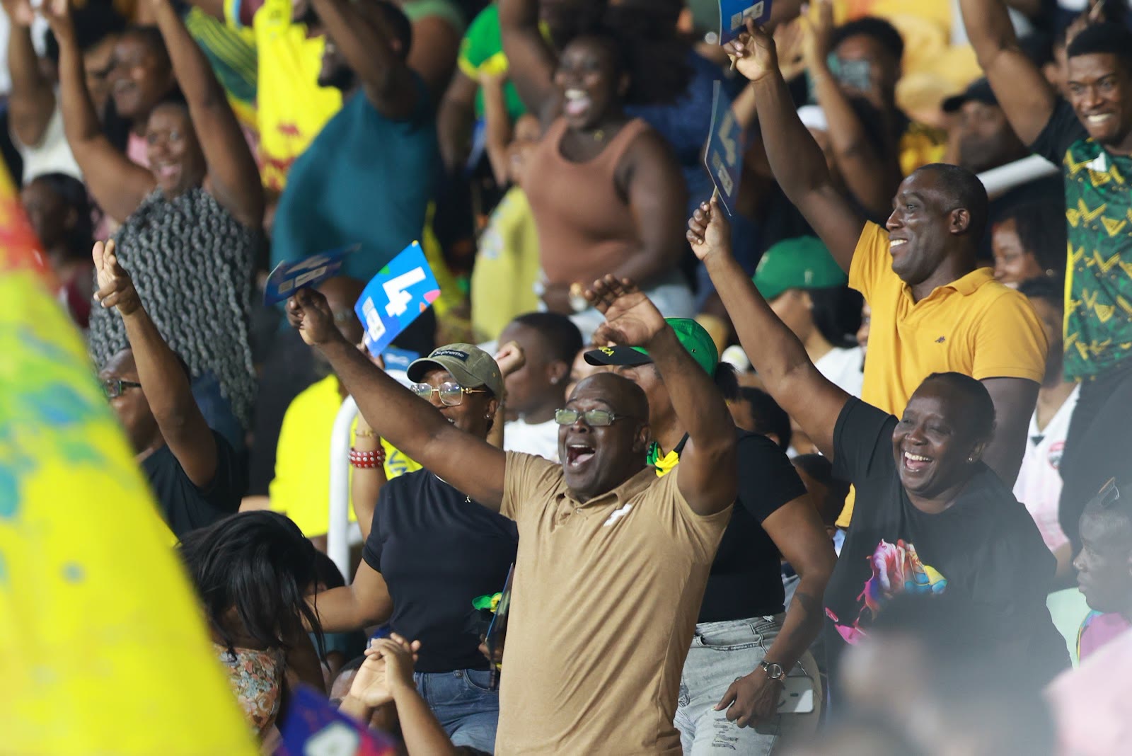 Supporters on their feet cheering with arms raised