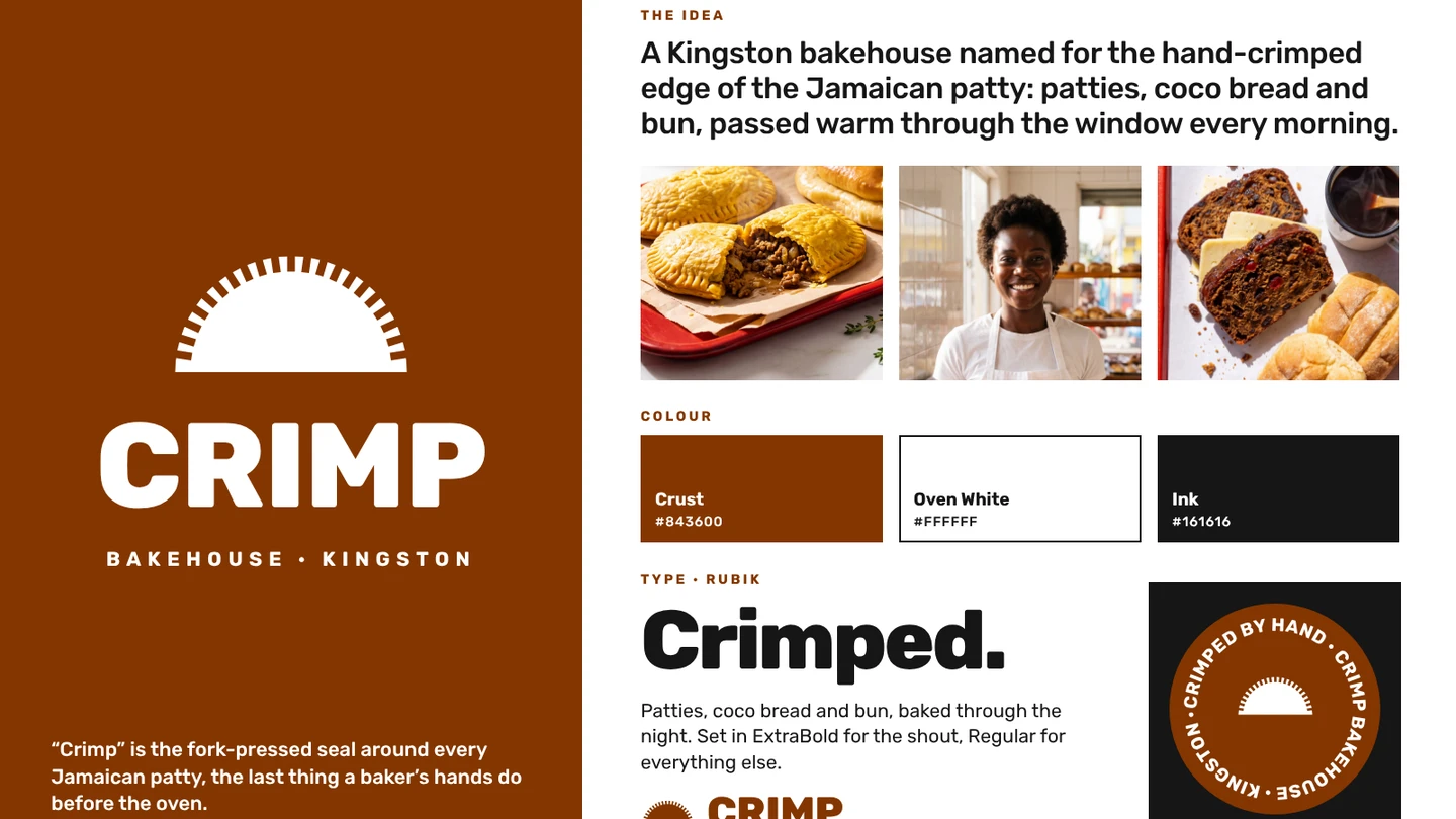 The Crimp identity board: the half-moon patty mark, Crust, white and ink, Rubik type and the bakehouse photographs